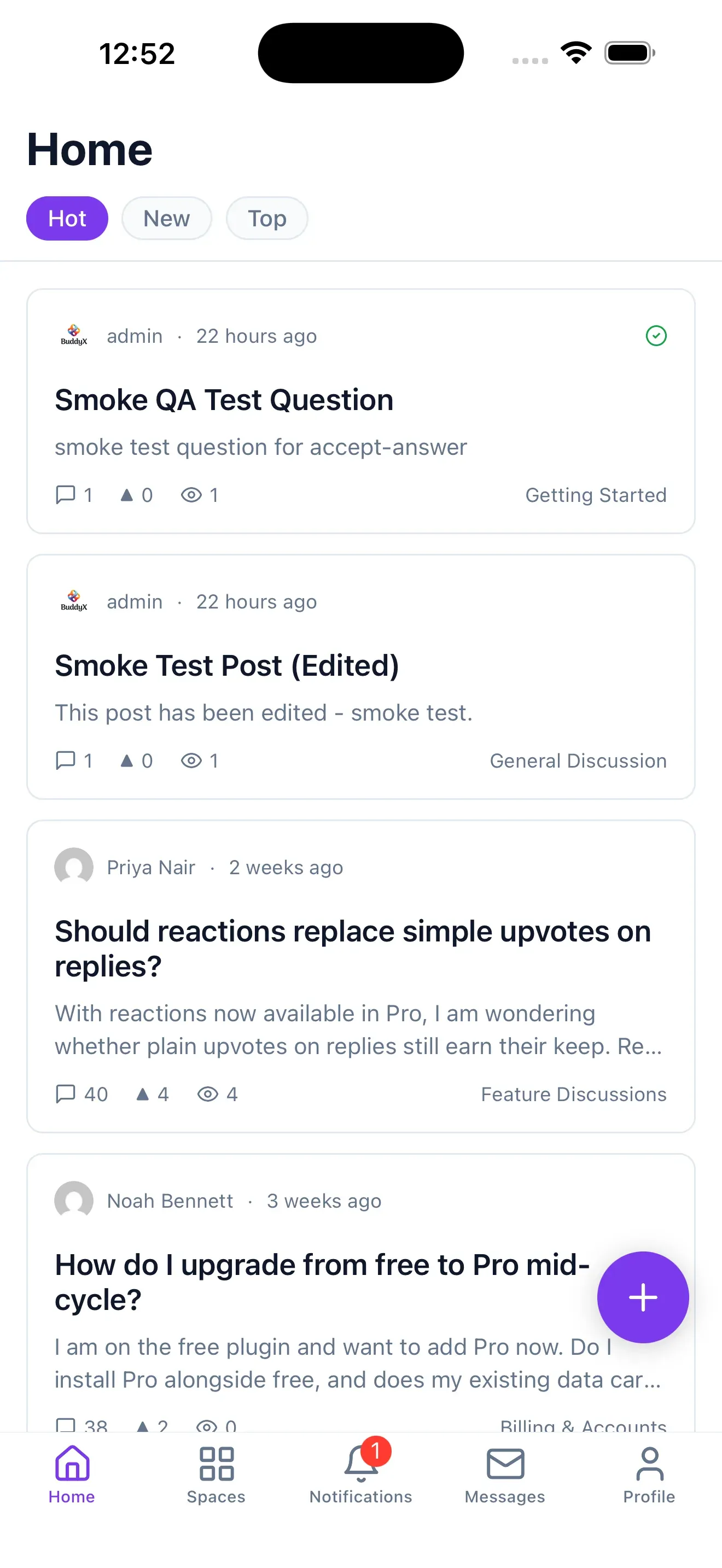 The Jetonomy mobile app home feed, themed with a community’s own accent color, showing topics sorted by Hot, New, or Top