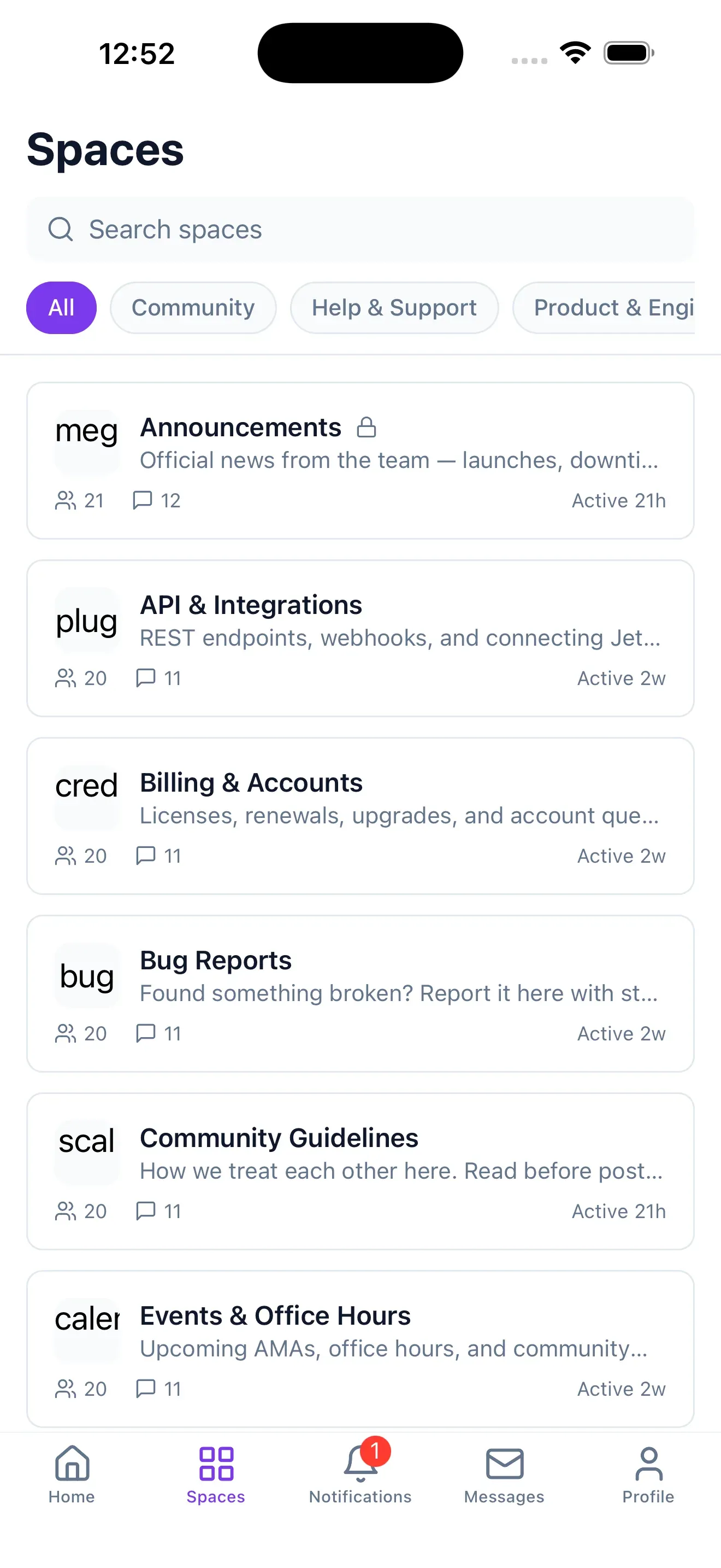 The Spaces screen in the mobile app, listing forums and Q&A spaces with category filters, member counts, and recent activity