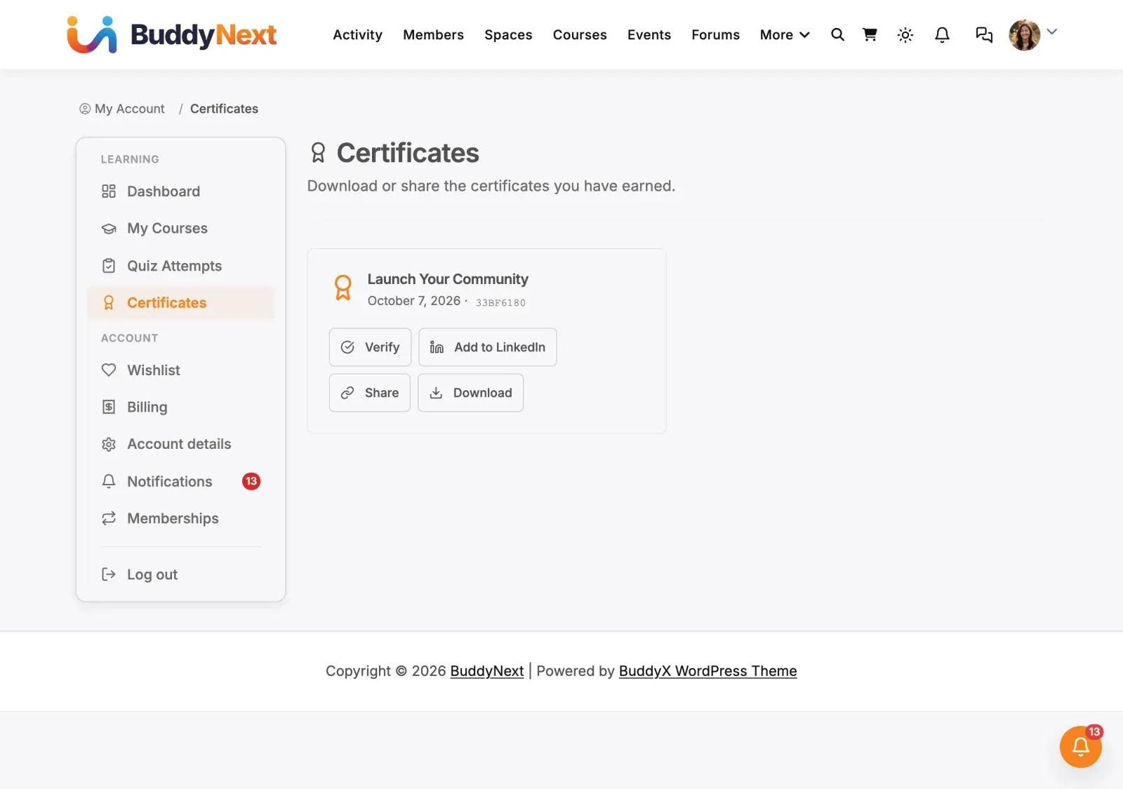 Student certificates page with Verify, Add to LinkedIn, Share and Download for each certificate