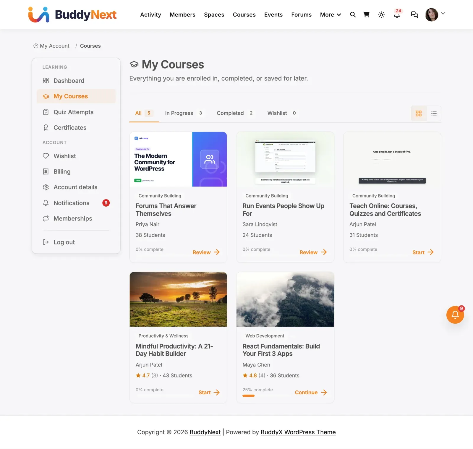 My Courses page
