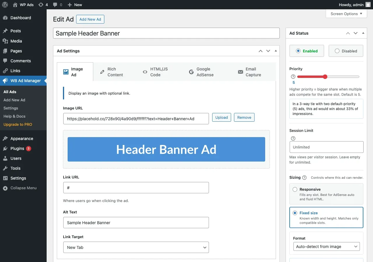 The ad editor with ad type, placements, and status