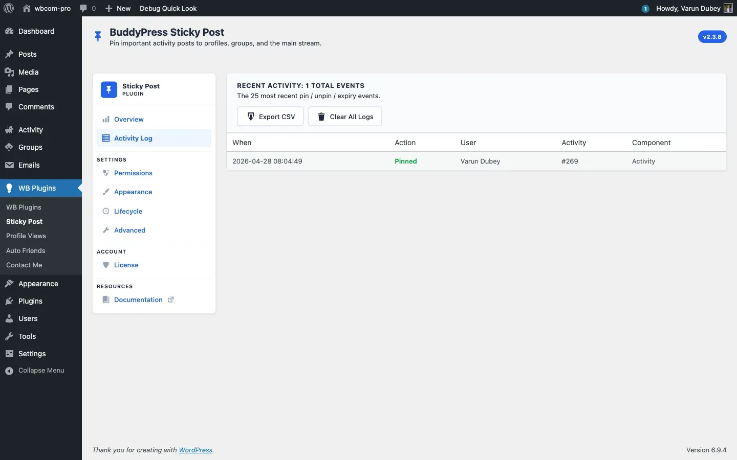Activity Log tab with Export CSV and Clear All buttons