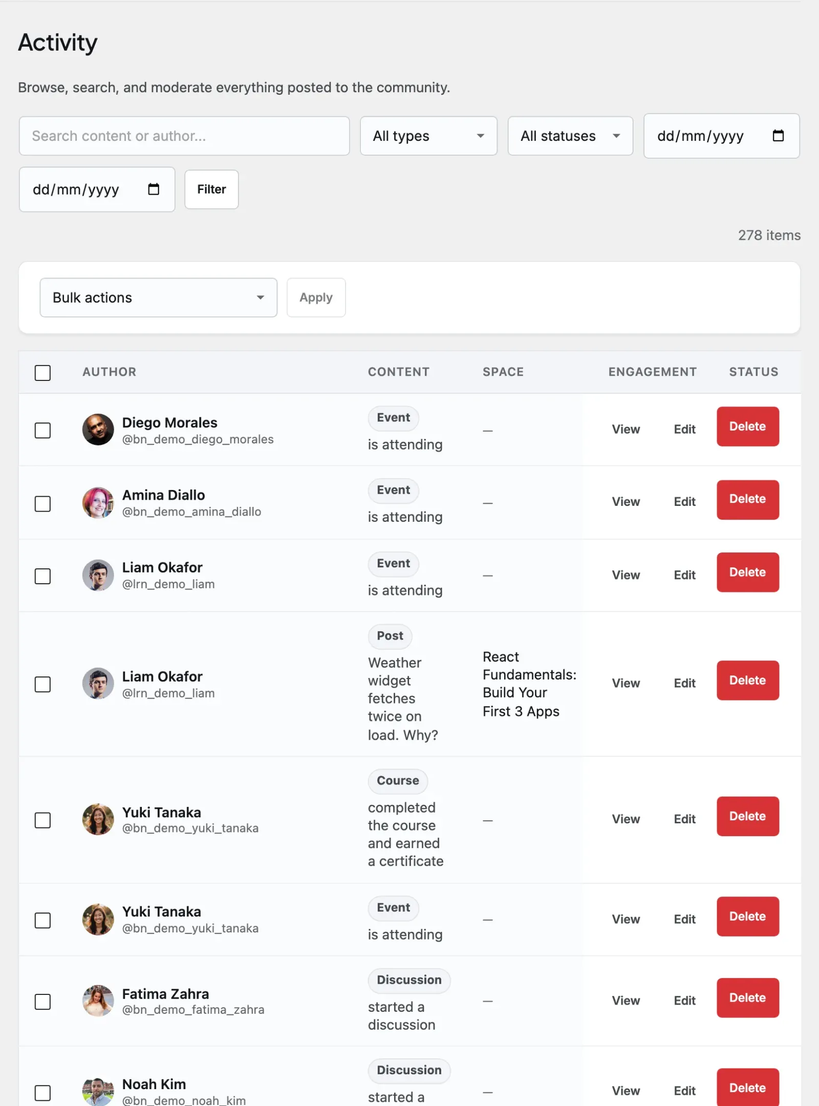 Engagement - Activity admin tab, the searchable and filterable list of everything posted to the community