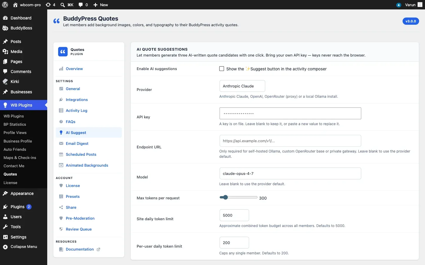 The AI Suggest settings tab showing the provider selector, API key field, and daily cap inputs.