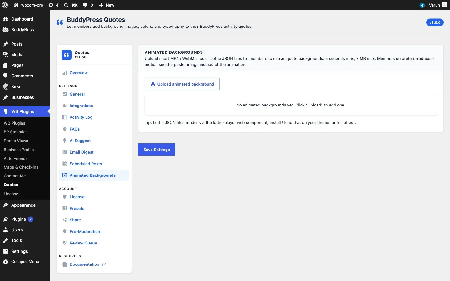 The Animated Backgrounds settings tab showing file-upload cards for MP4/WebM and Lottie backgrounds.