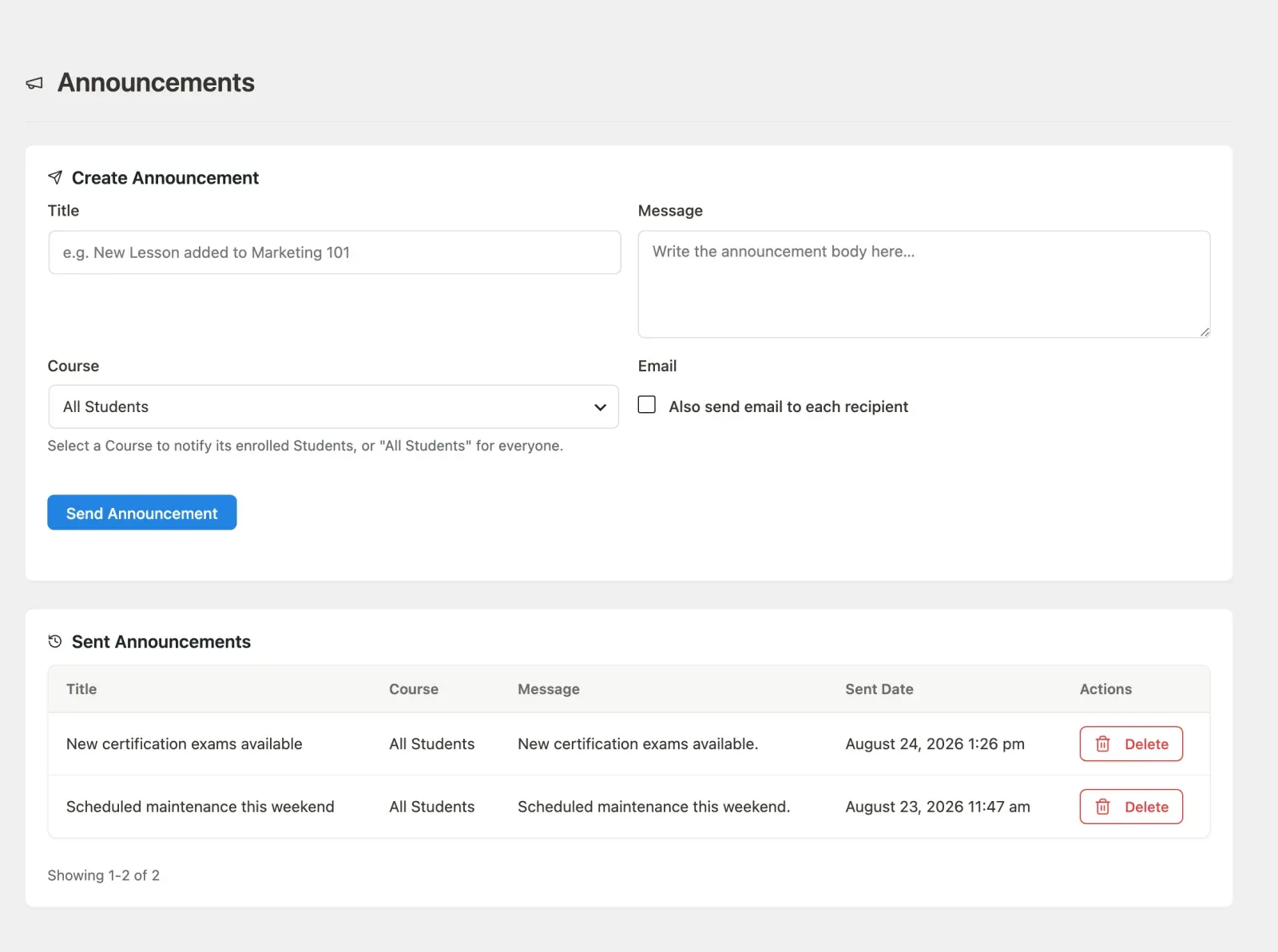 Announcements page