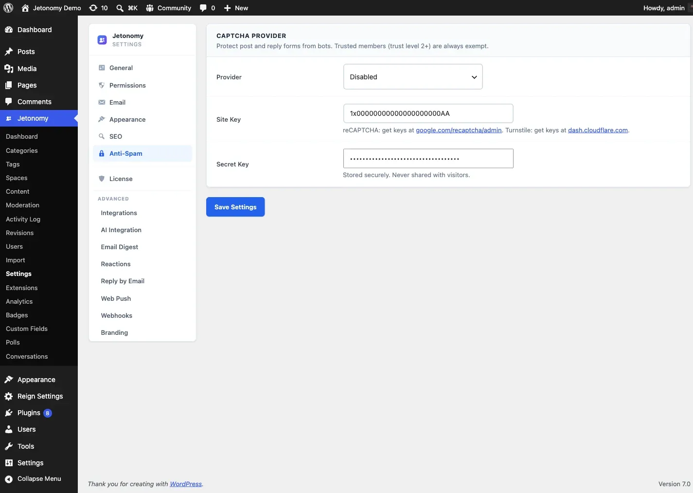 Anti-spam settings with provider selection and keys