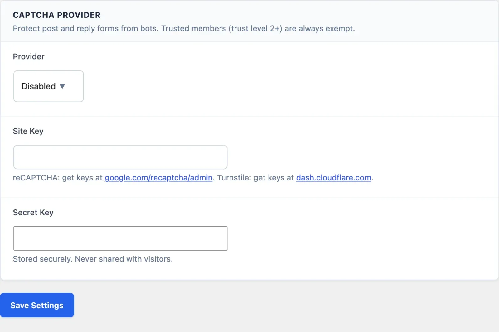 Anti-spam settings with CAPTCHA provider selection and API key fields