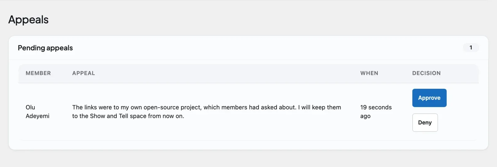 The Moderation > Appeals tab where member appeals are reviewed and resolved