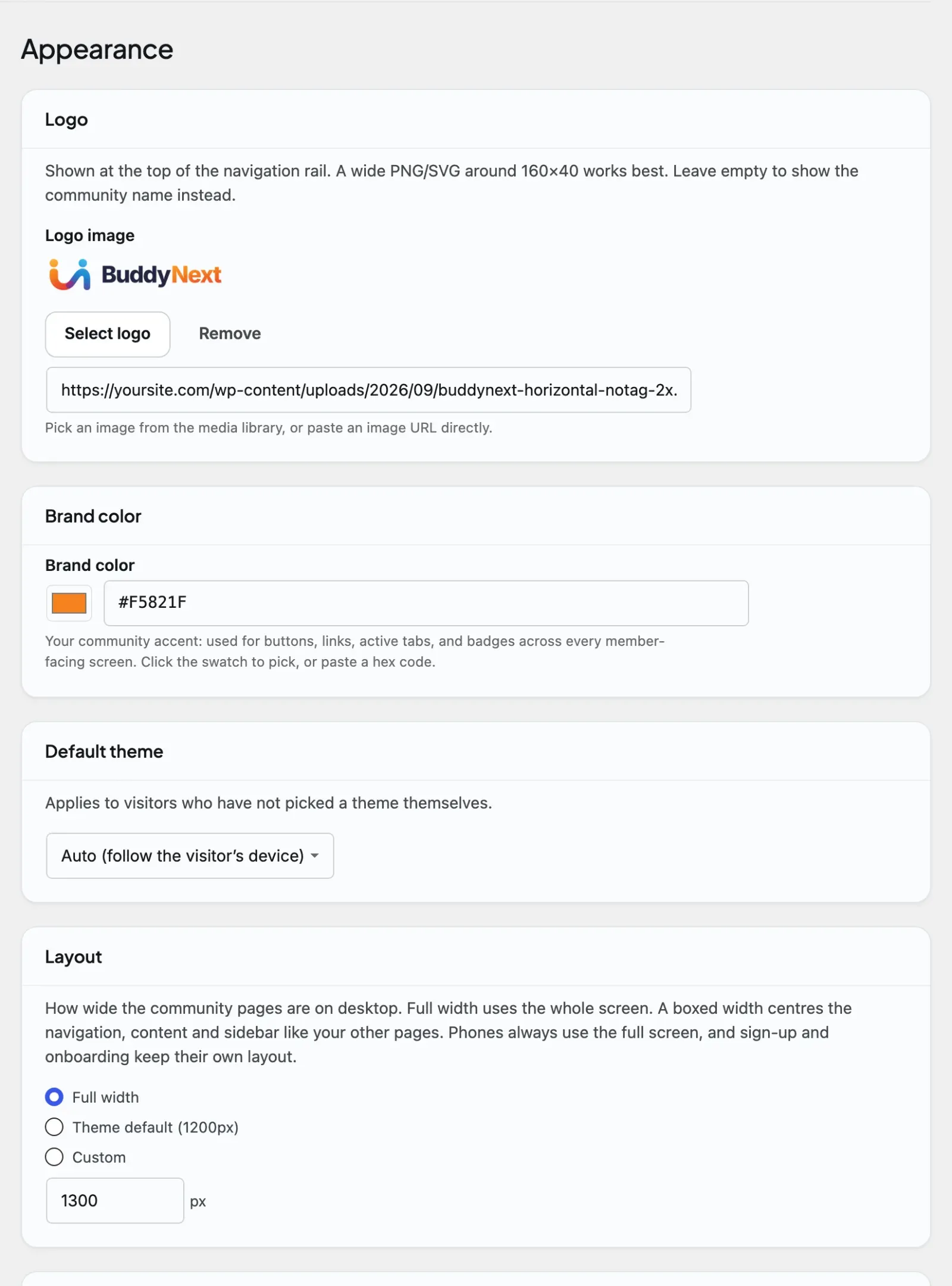 The BuddyNext admin Appearance tab with logo, default theme and custom CSS options