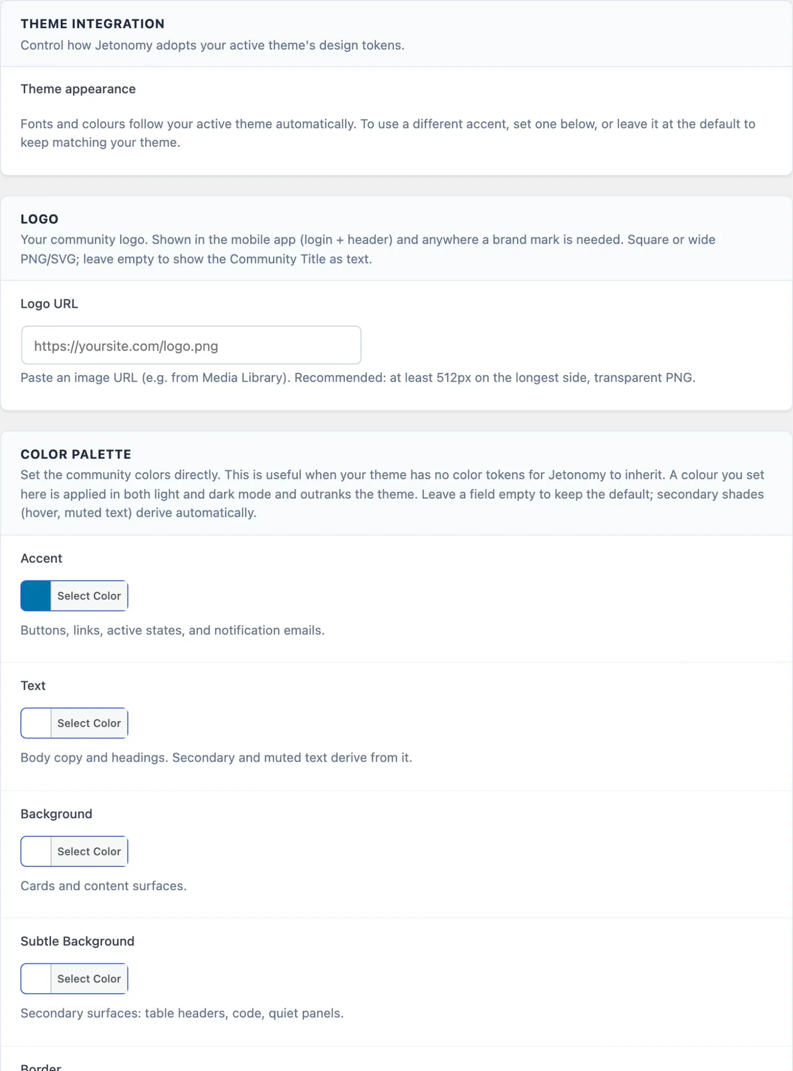 Appearance settings with logo, color palette, layout and custom CSS
