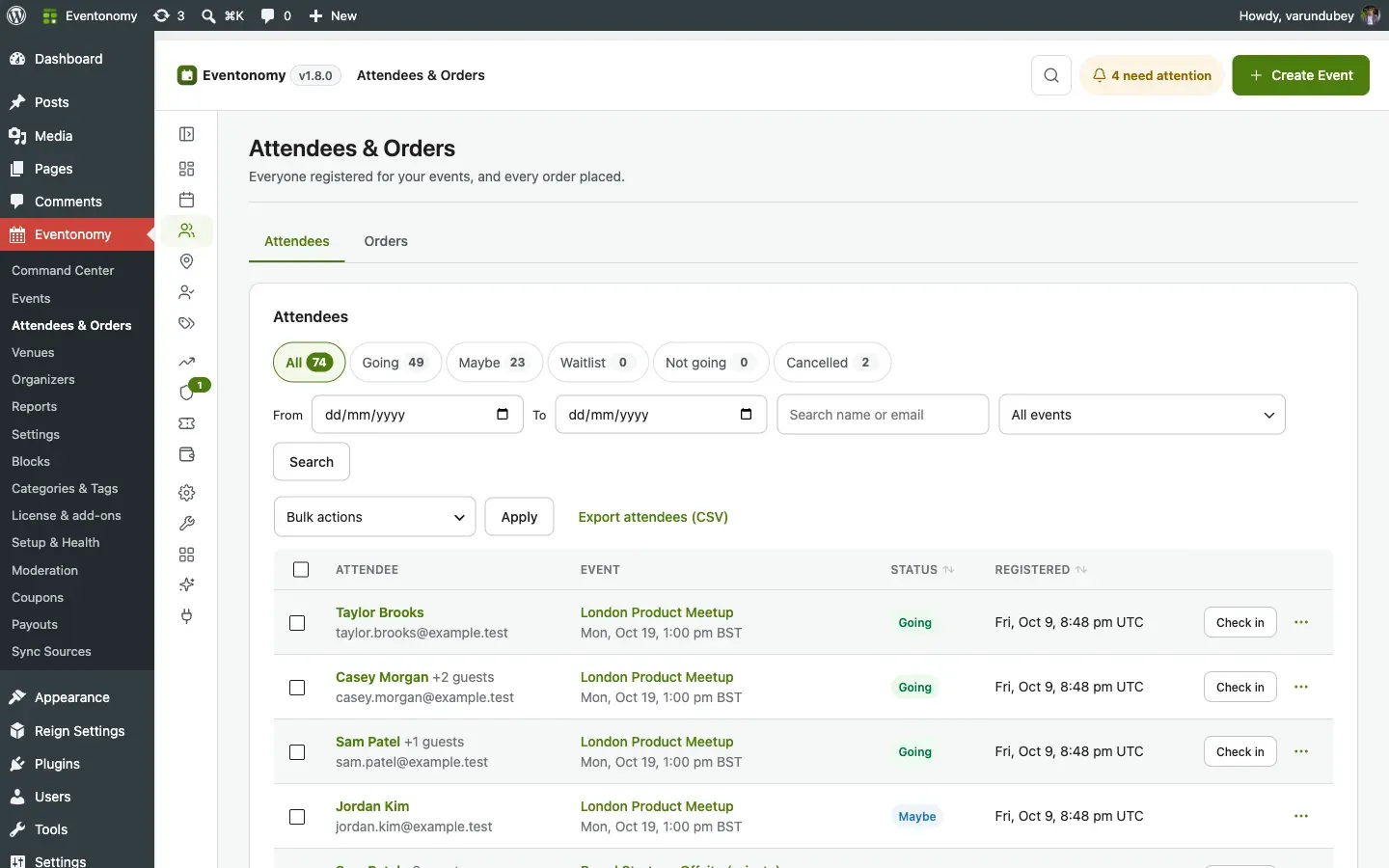 Admin Attendees &amp; Orders screen showing a list of RSVPs with check-in status