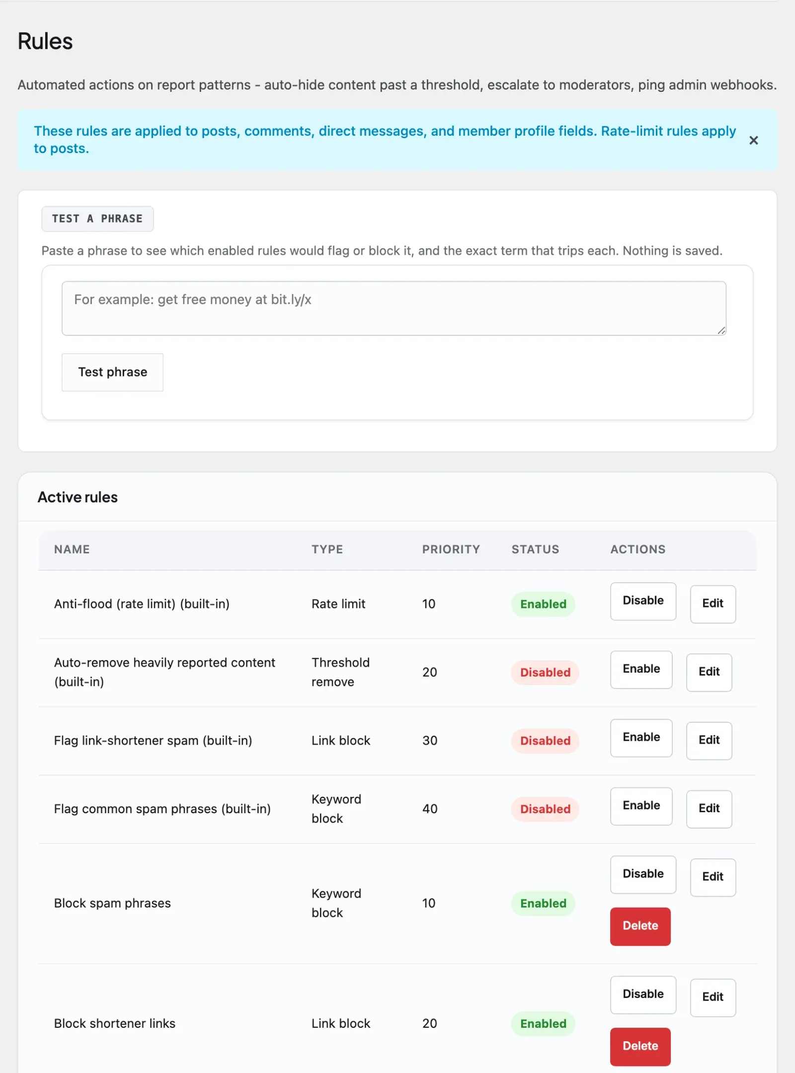 The Automation > Rules admin tab where you define auto-moderation rules and thresholds