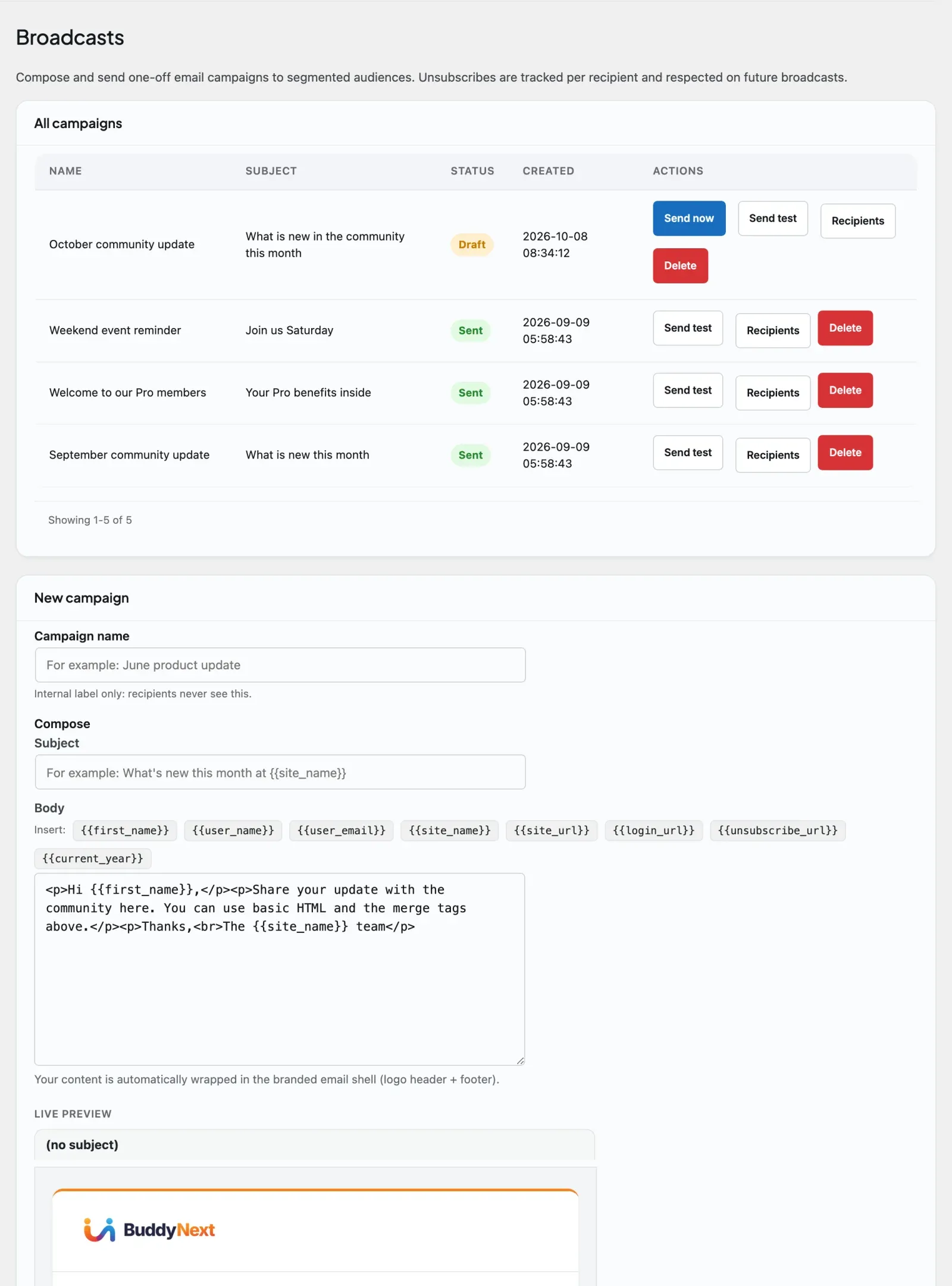The Campaigns Broadcasts admin tab where you compose a broadcast email campaign and segment
