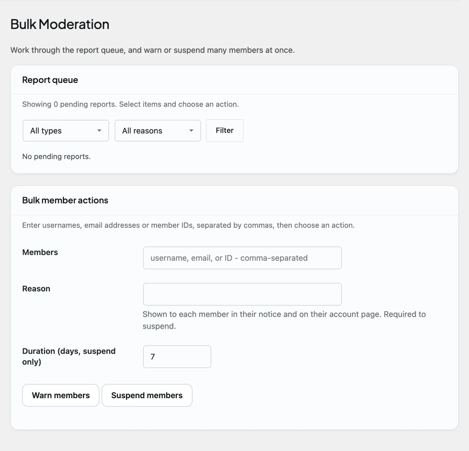 The Bulk Moderation tab with multi-select report actions
