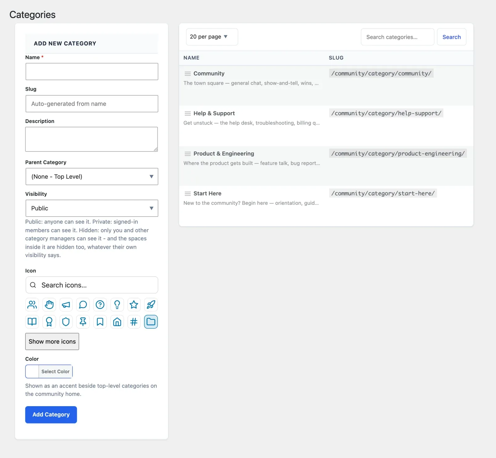 Categories admin screen showing the two-panel layout: the Add New Category form on the left and the drag-to-reorder categories table on the right