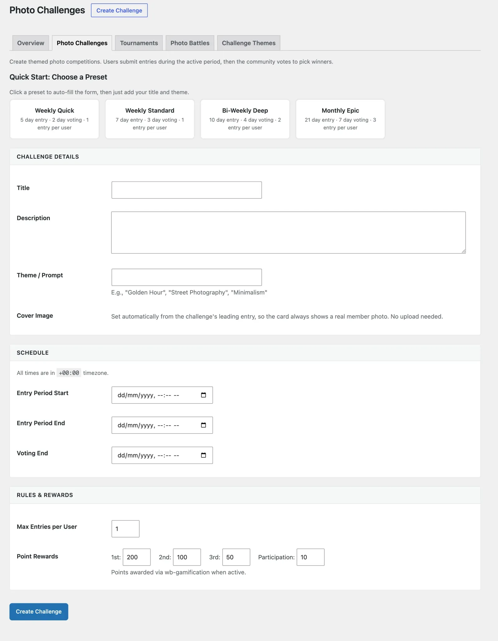Create Challenge form with presets, schedule, entry limit and point rewards