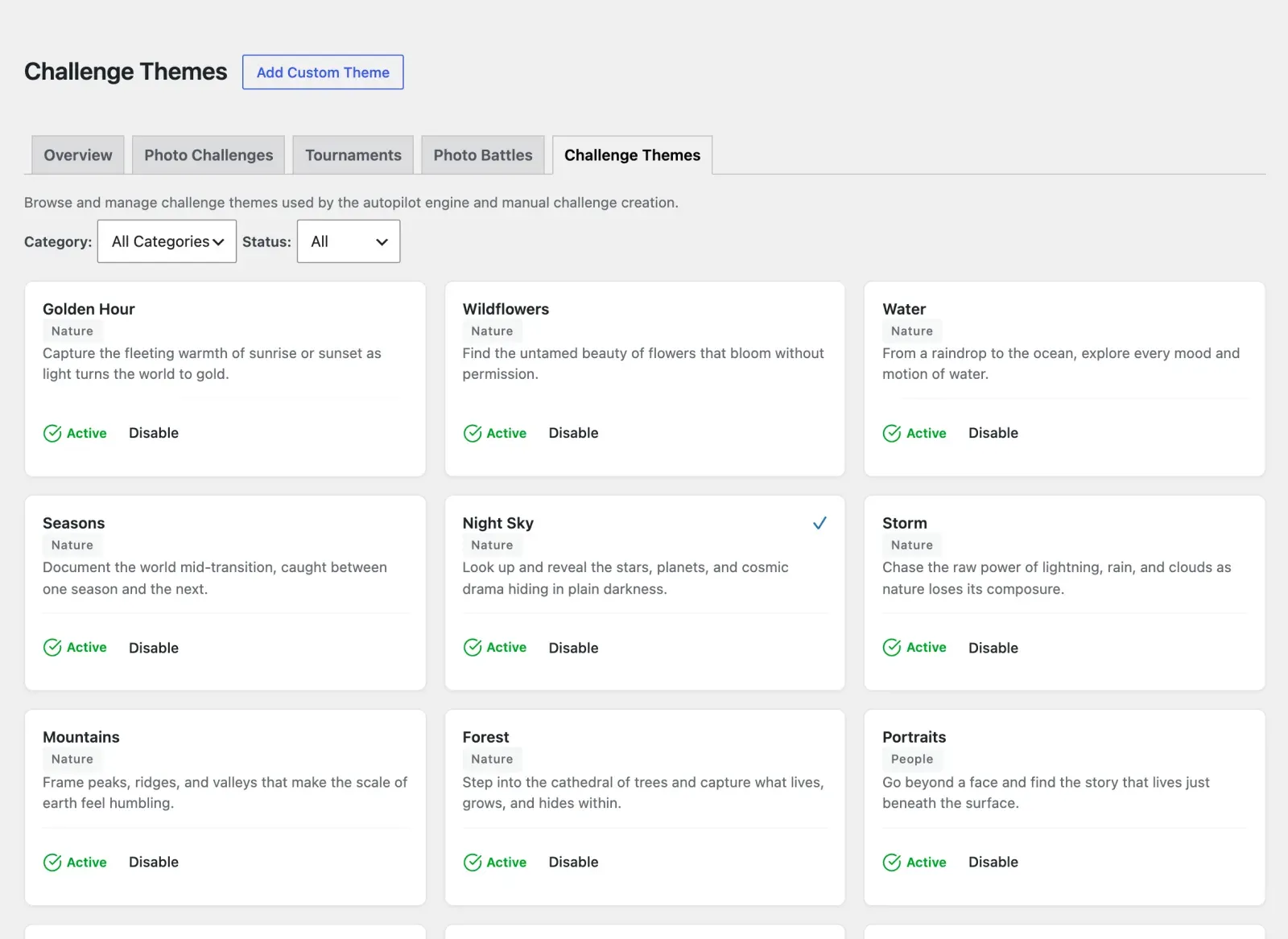 Challenge Themes library with category and status filters