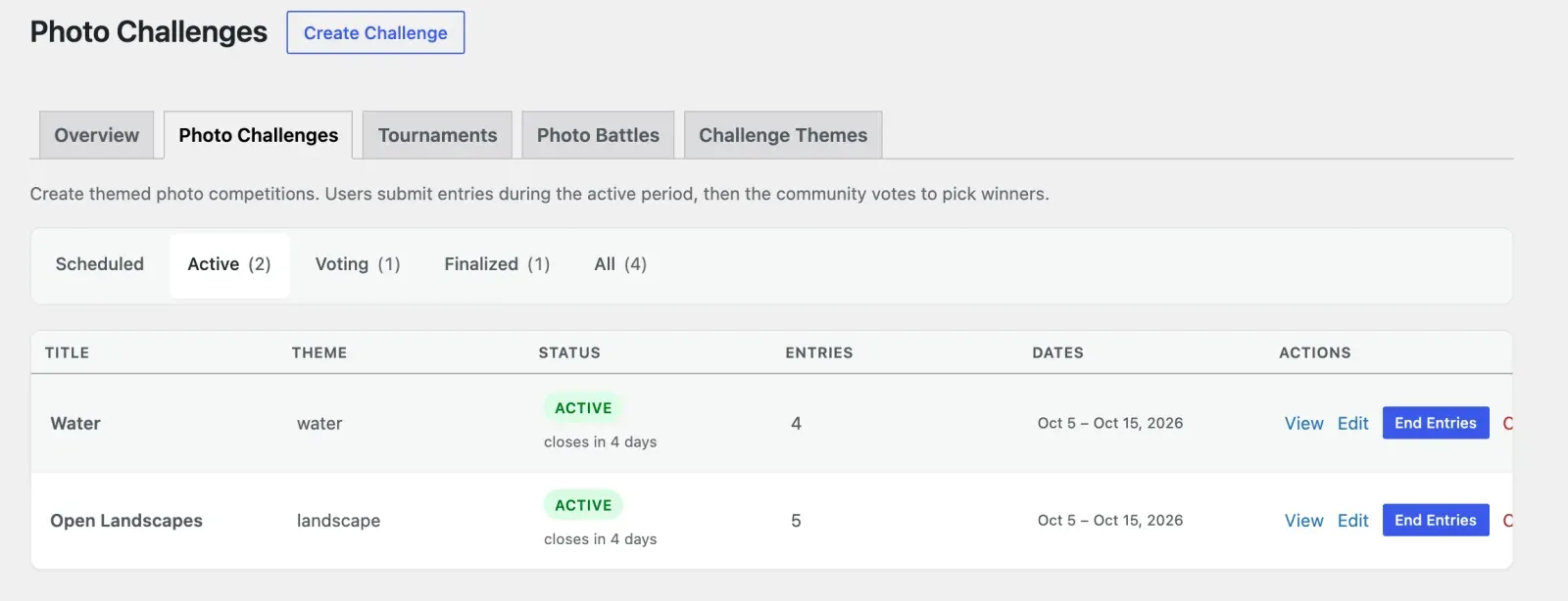 Photo Challenges admin list with status tabs, entry counts and dates