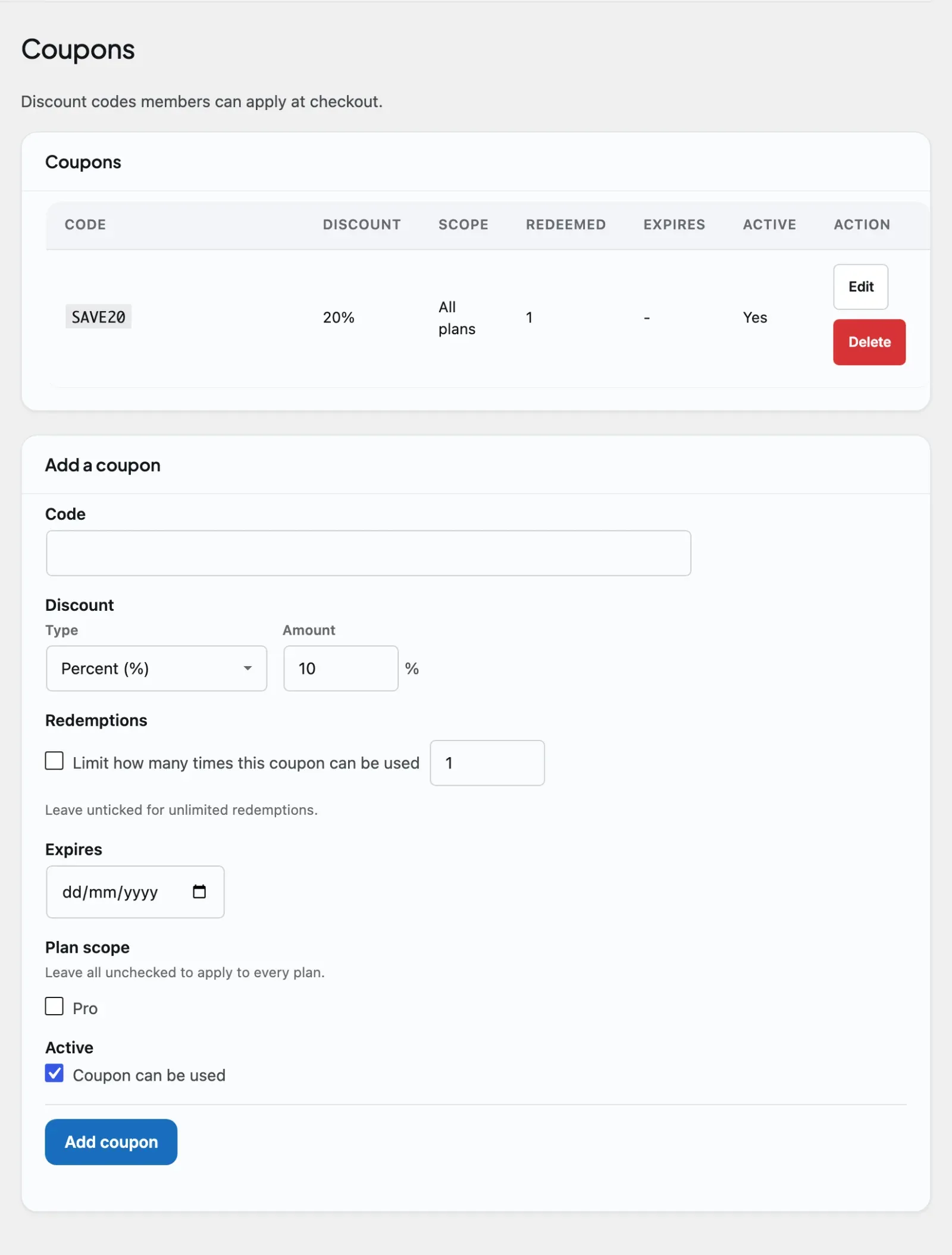 The Monetization section, where coupons have their own tab and tax settings sit with the payment gateways