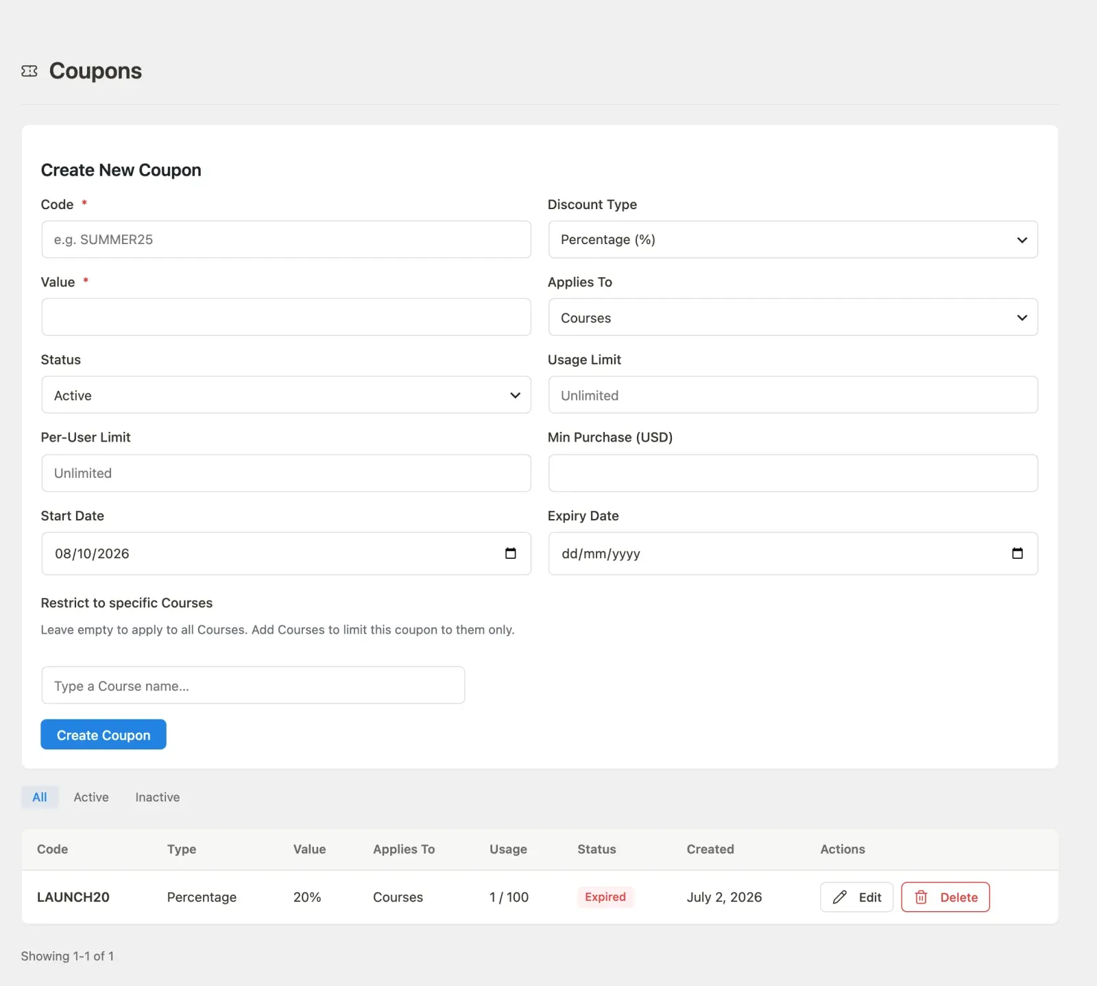 Coupons page with create form