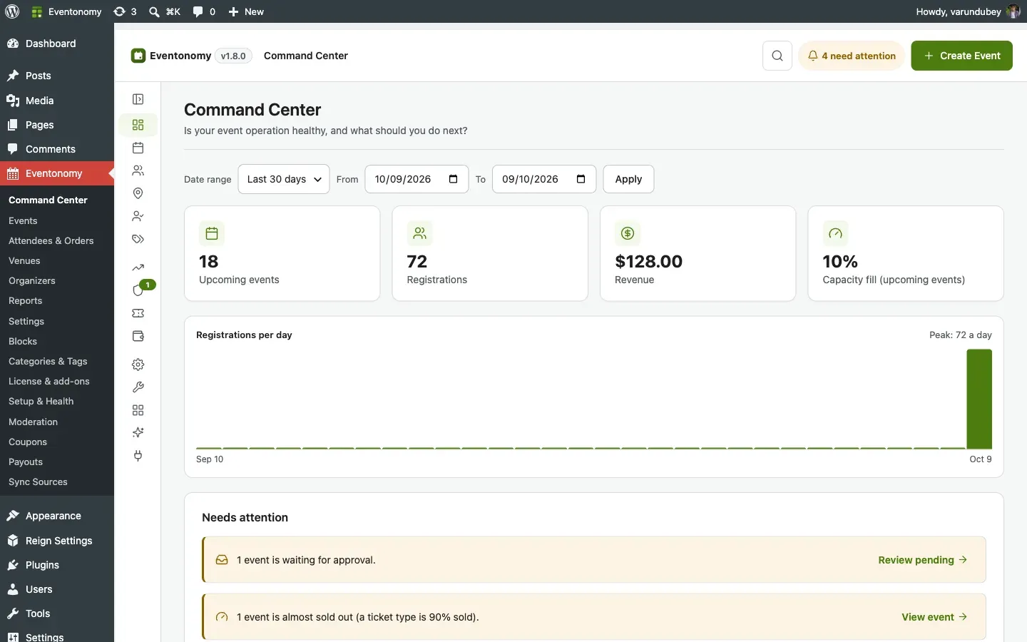 Eventonomy admin dashboard after a fresh installation
