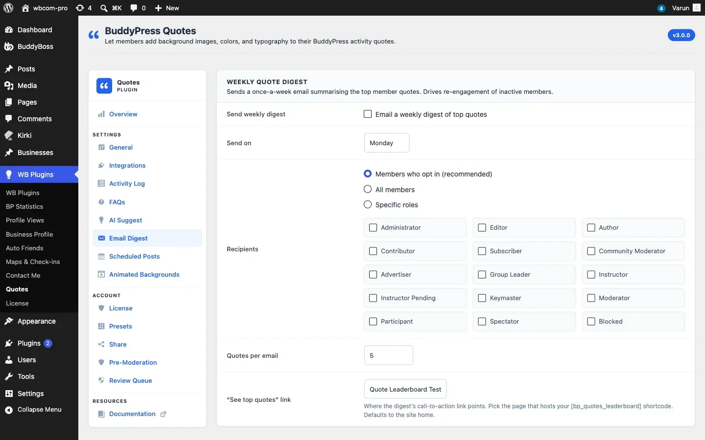 The Email Digest settings tab showing the enable toggle, send-day selector, recipient mode, and quotes-per-email field.