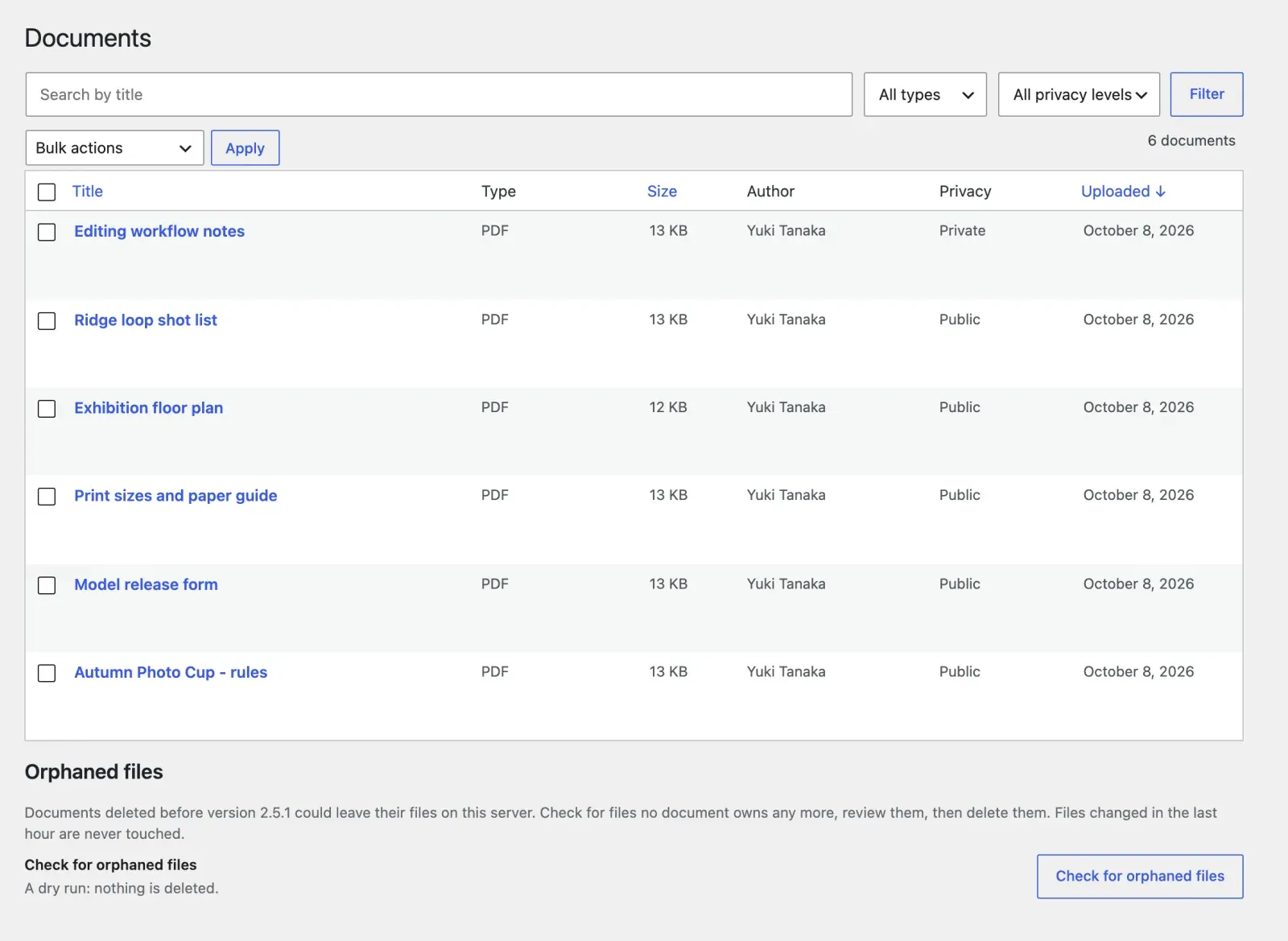 The Documents screen in wp-admin listing every document with type, size, author and privacy