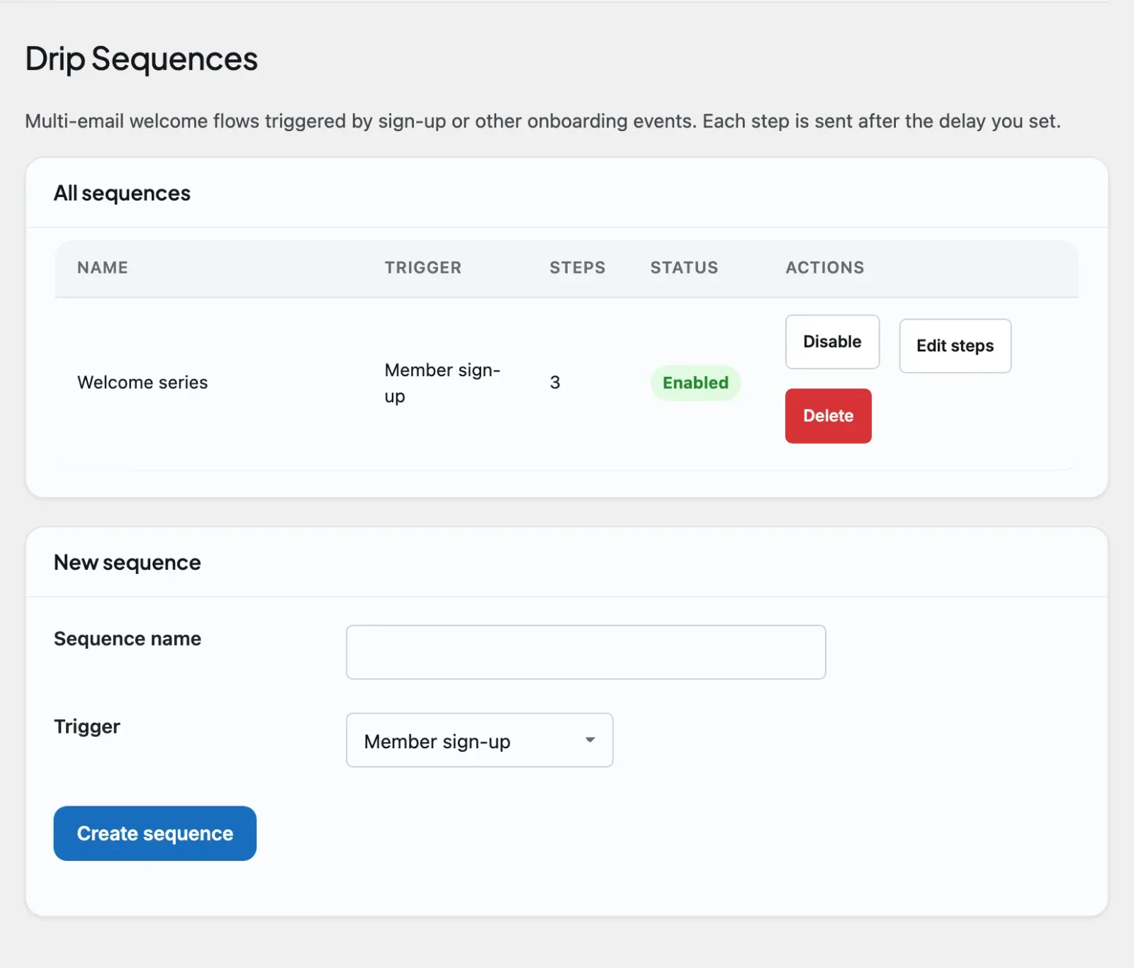 The Campaigns Drip admin tab where you build an automated drip email sequence