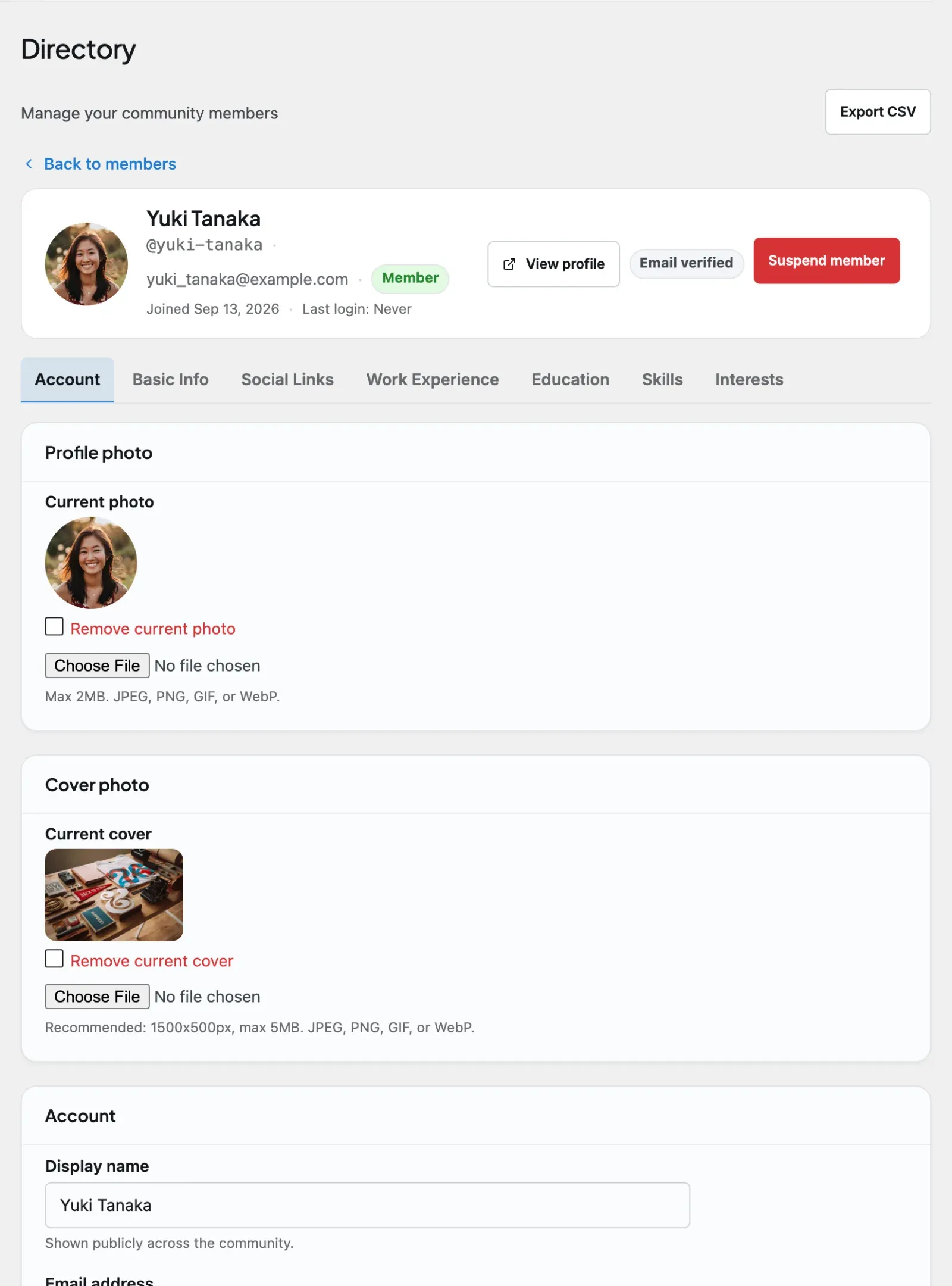 The wp-admin Edit Member view: the member hero with View Profile, Mark email verified, and Suspend actions, and the Account tab with profile photo, account details, community role, member type, membership, and labels