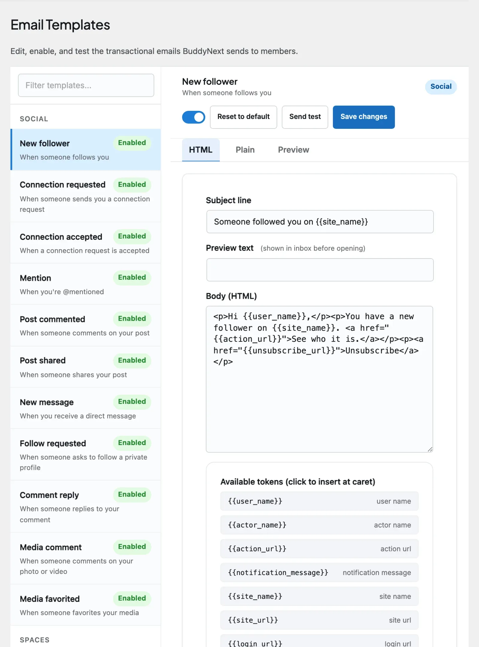 The Email Templates editor where transactional email bodies are customized