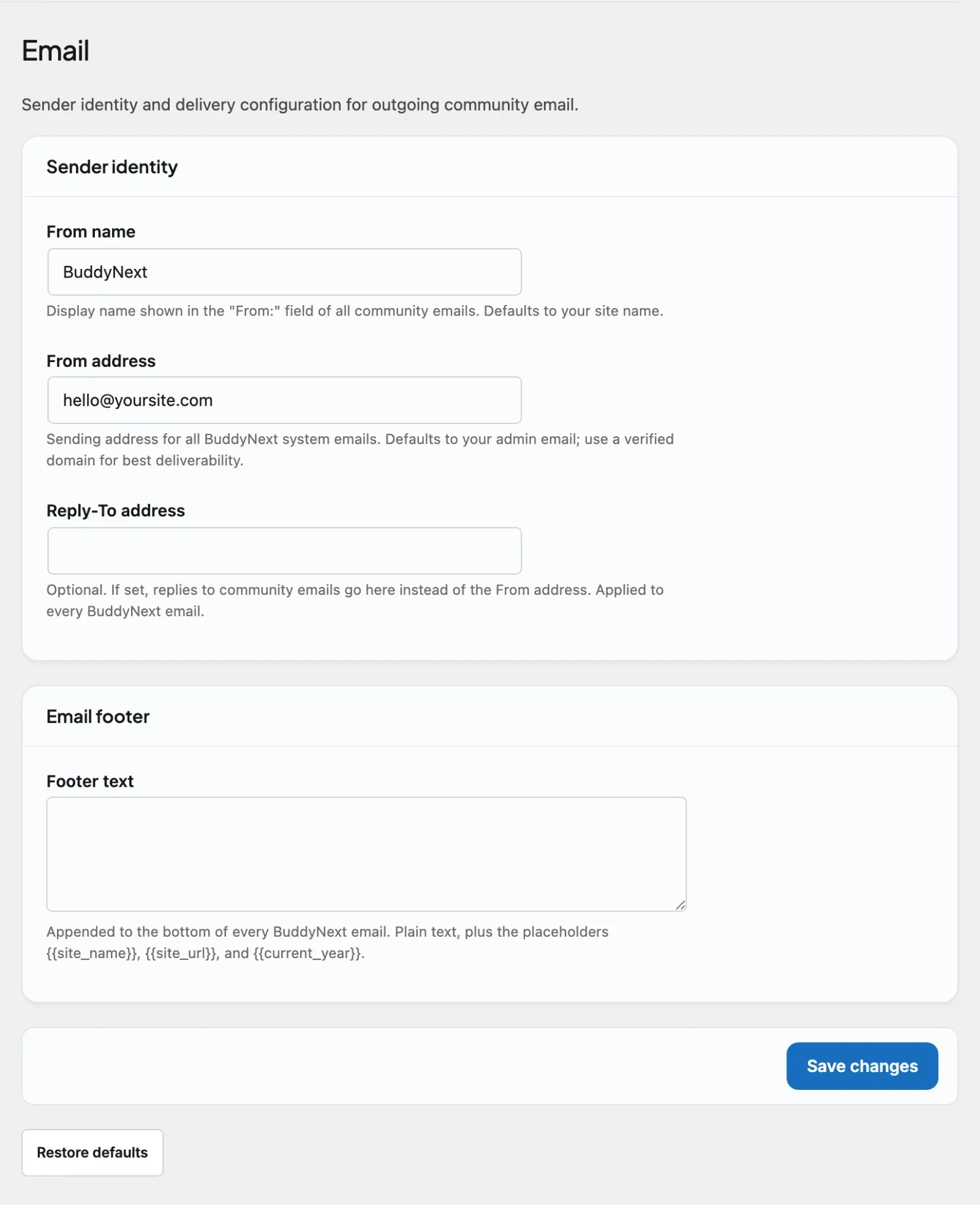 BuddyNext admin Notifications Email tab for configuring site-wide daily and weekly email digests