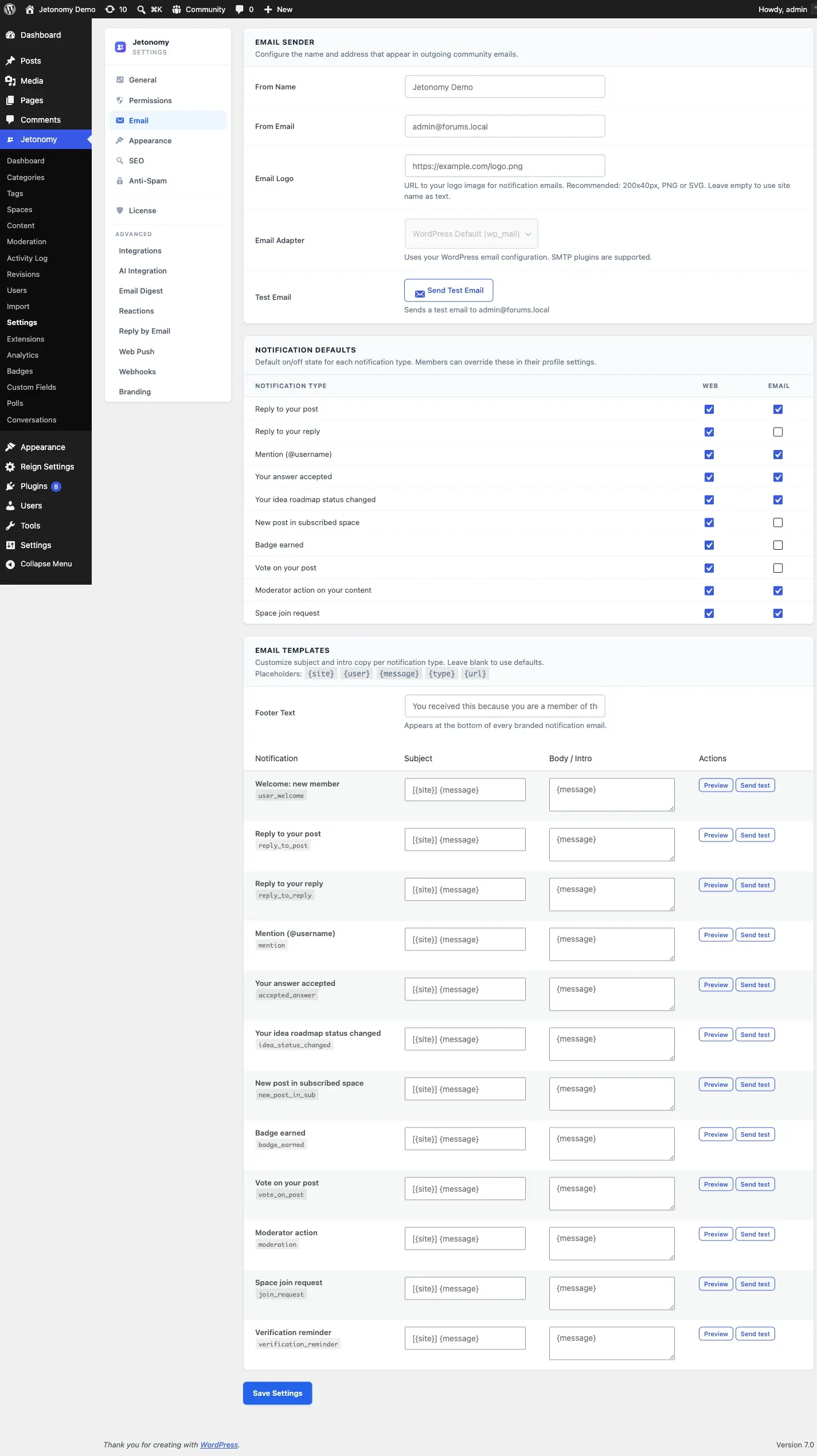 Email settings with sender fields and notification toggles