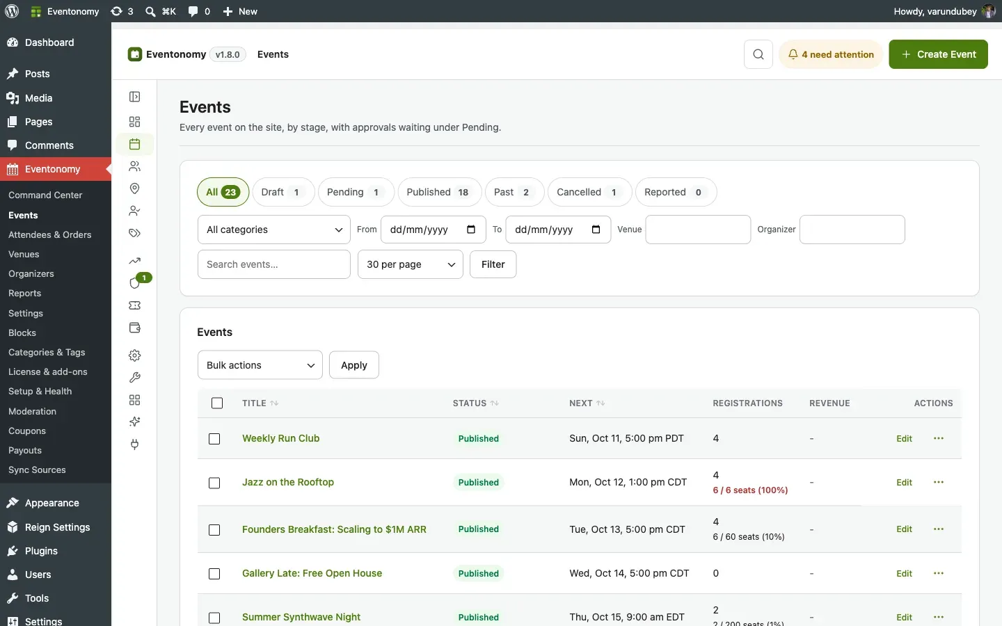 Eventonomy Events admin screen showing a list of events with status badges