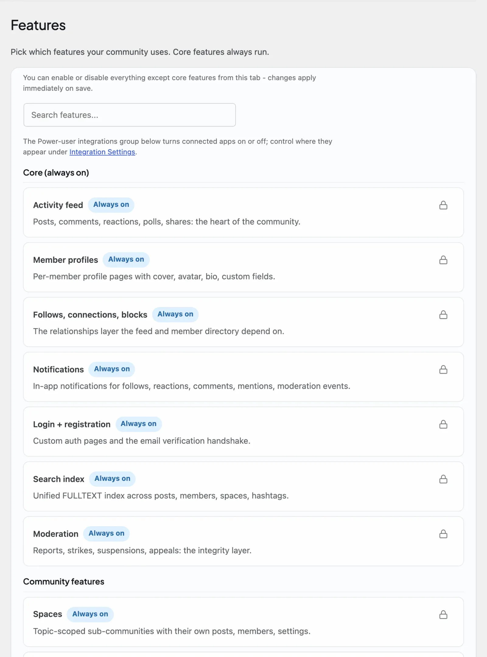 Platform - Features admin tab where the comments feature is enabled