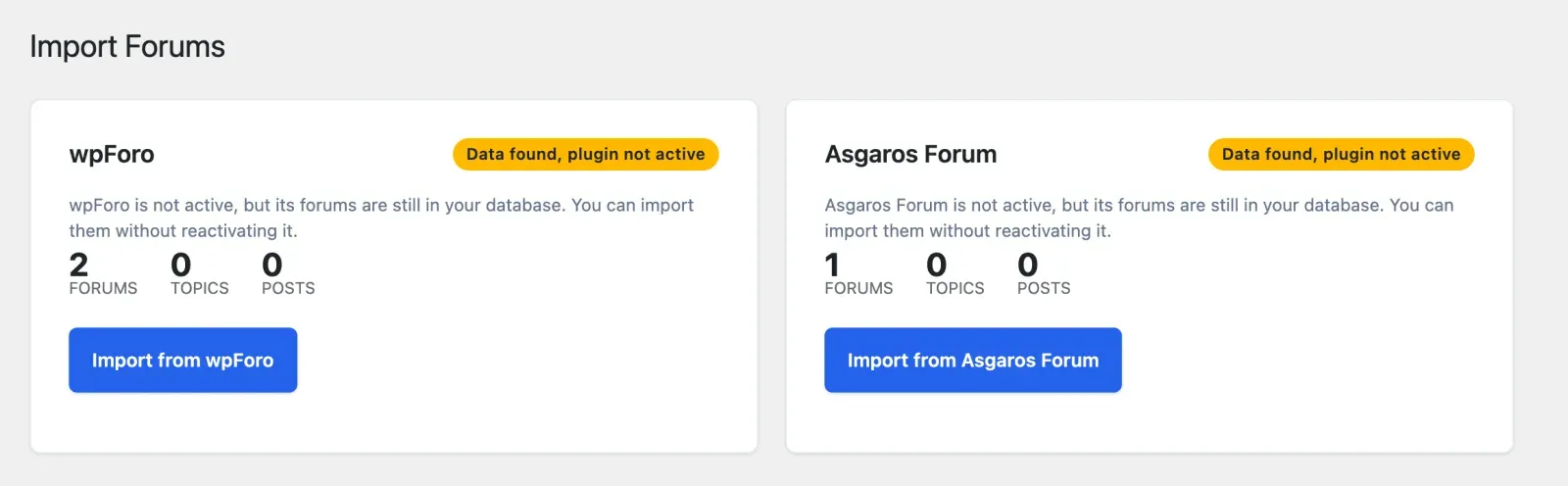 The Jetonomy Import screen showing a card for each detected forum plugin with its record counts