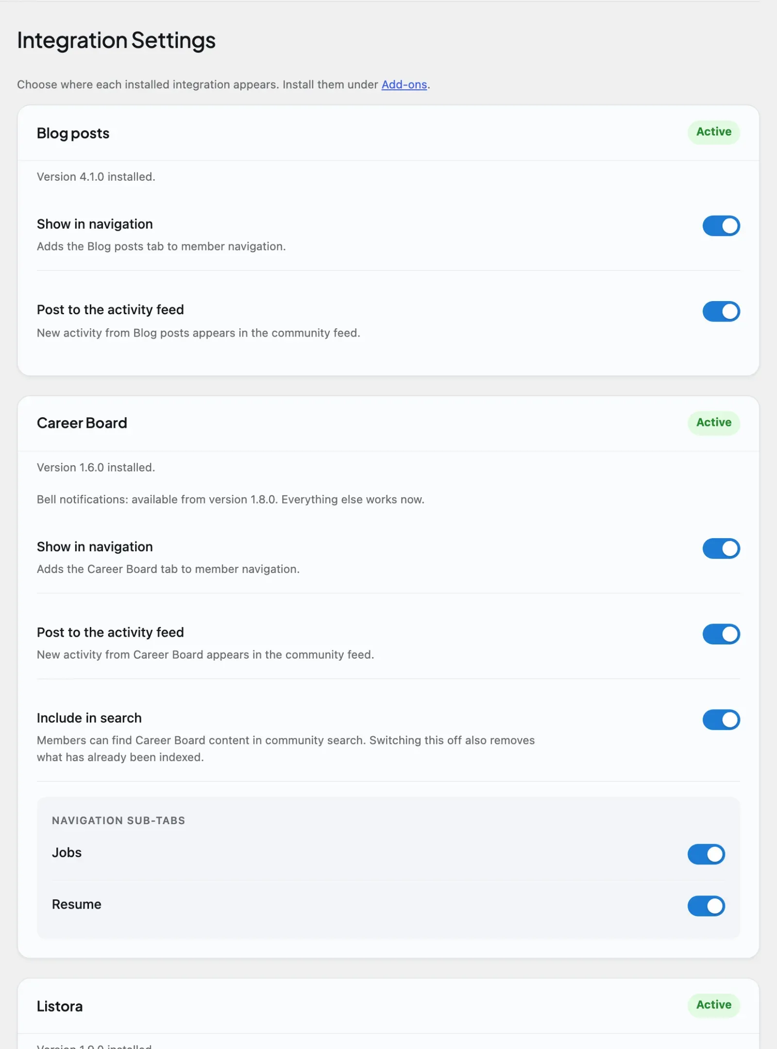 Integration Settings, one card per connected integration with navigation and feed switches