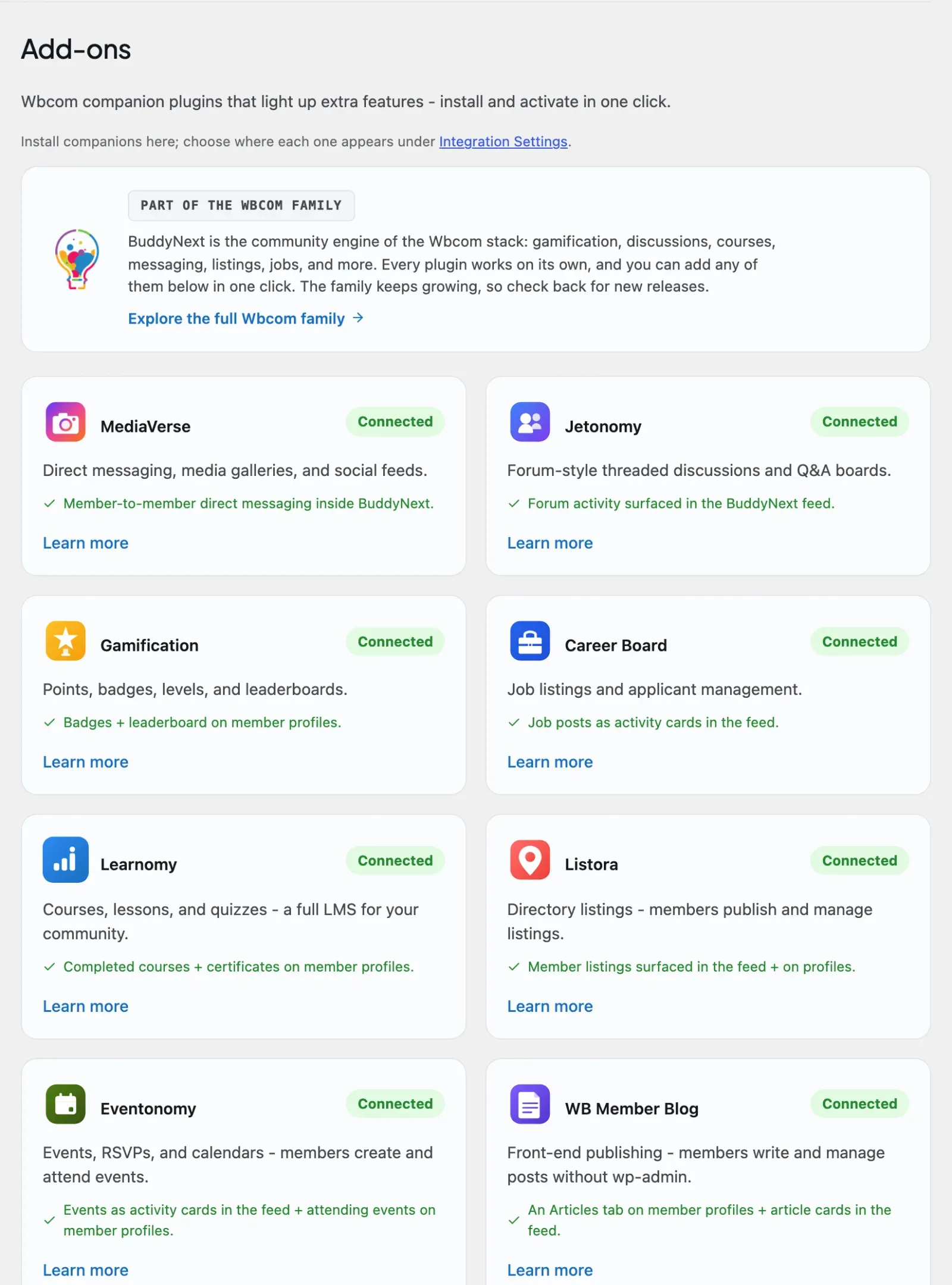 BuddyNext admin Platform Add-ons tab showing the MediaVerse companion