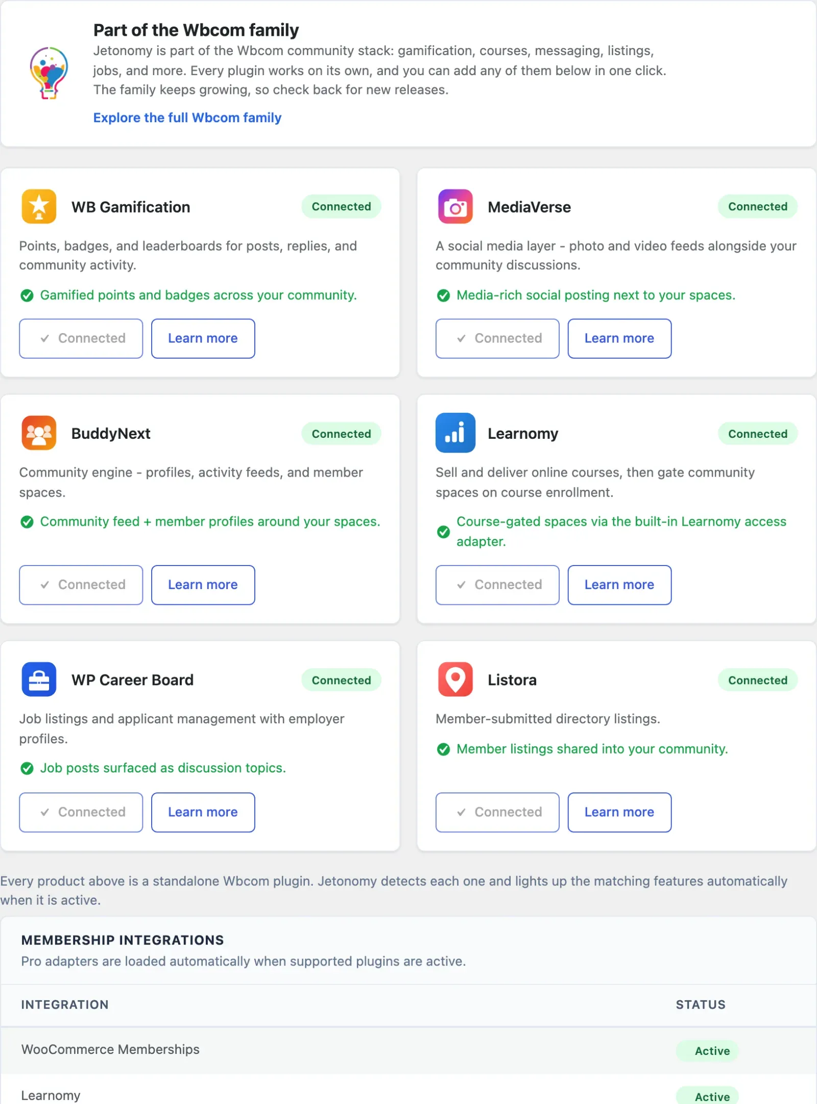 Jetonomy Settings - Integrations tab showing the integration status table and the Auto-Create Spaces for Courses card