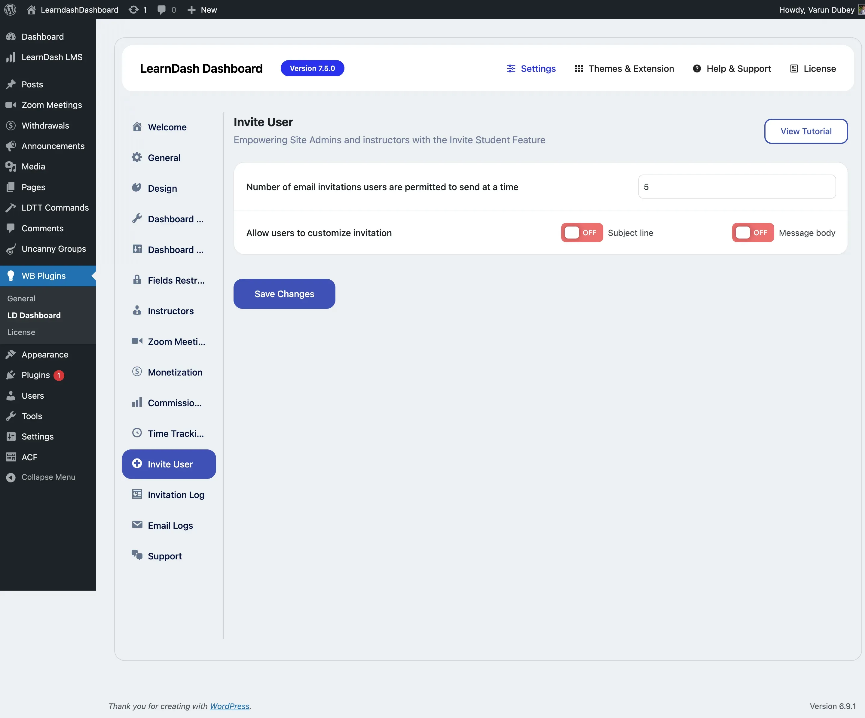 Admin Invite User Settings