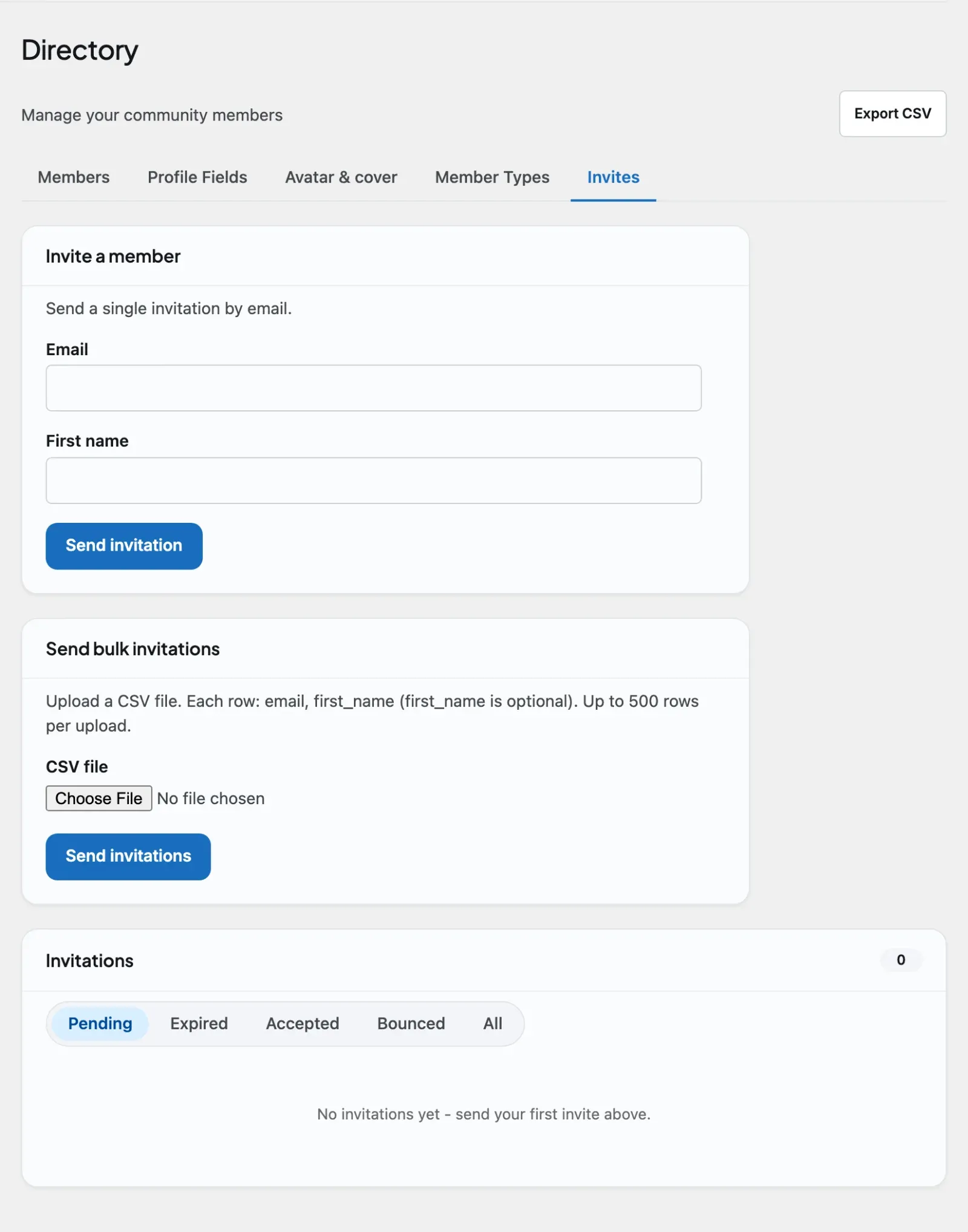The Invites manager under Members, where owners send, resend, revoke, and track invitations