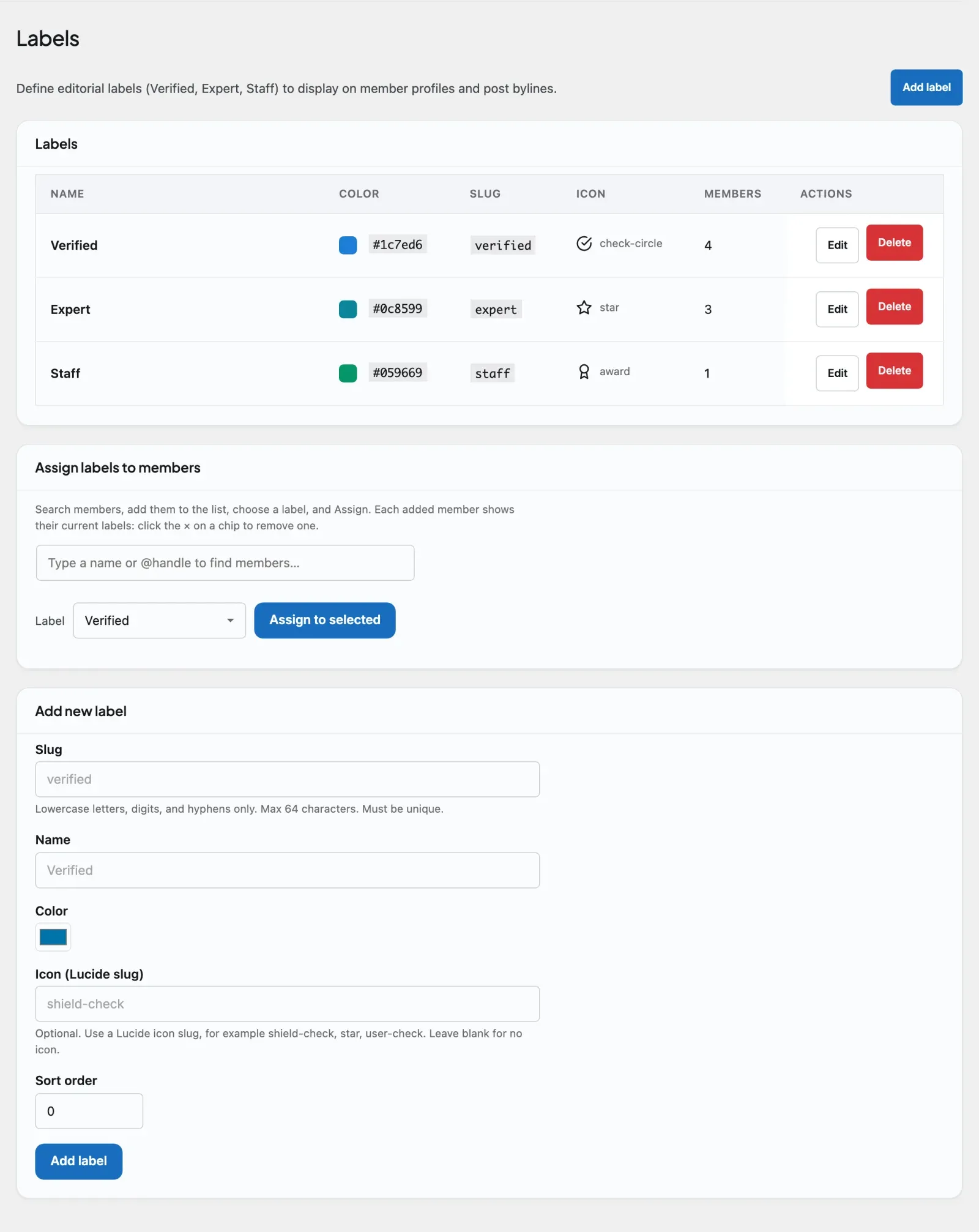 The Members Labels admin tab where you create and assign member labels