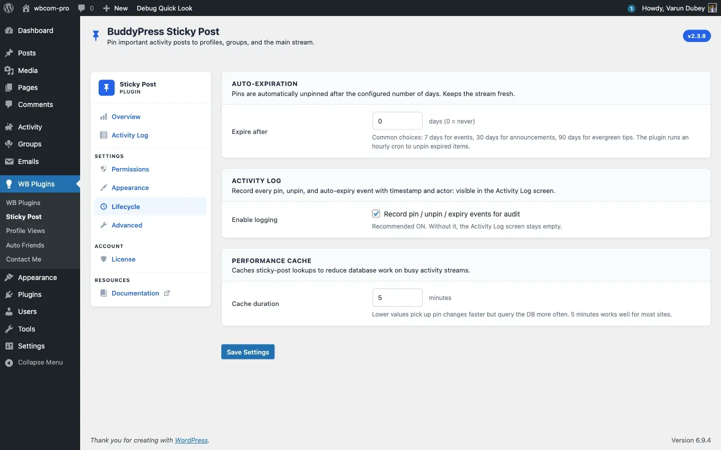 Lifecycle tab with auto-expiration, activity log toggle, and cache duration