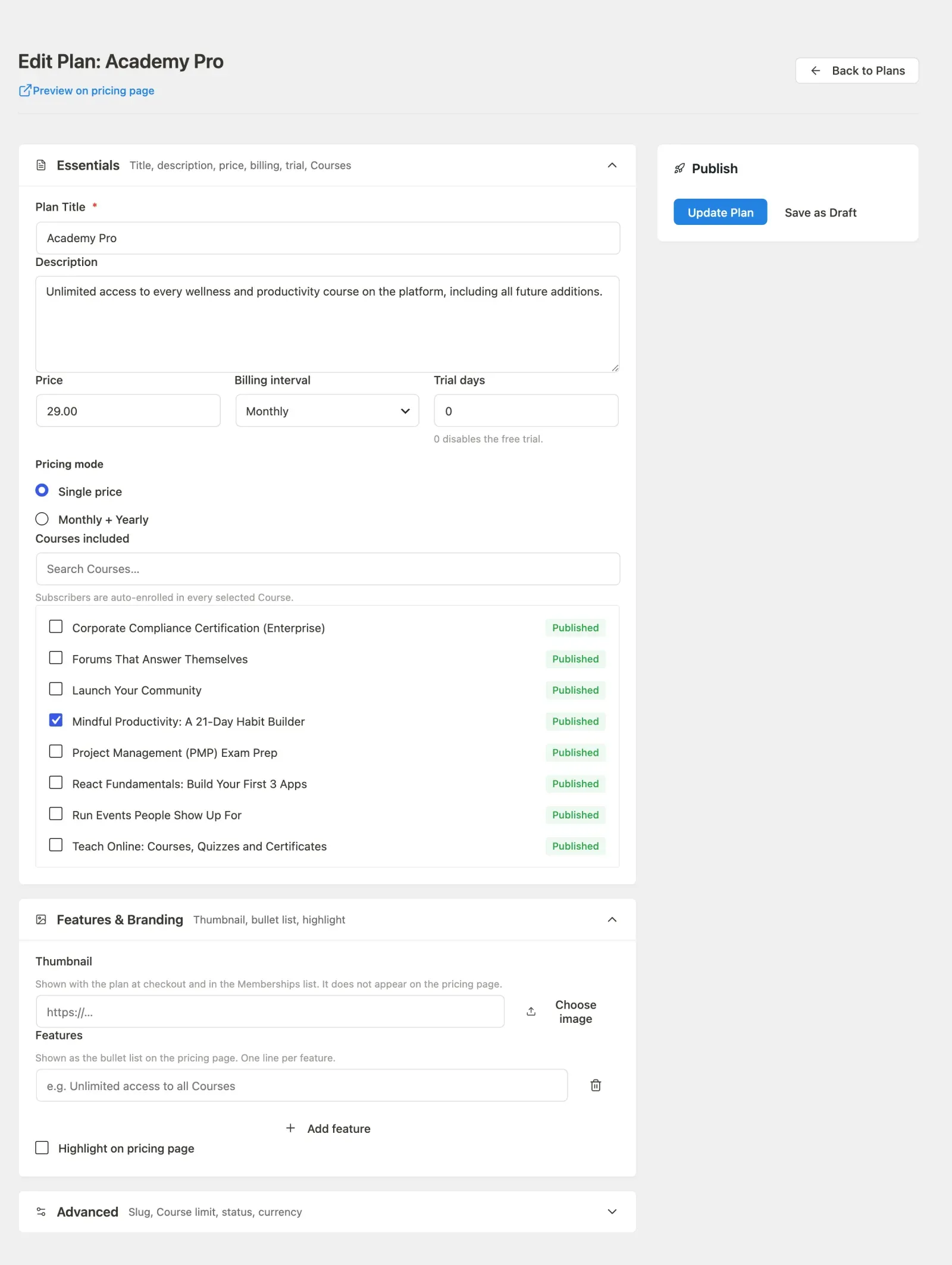 Plan edit screen