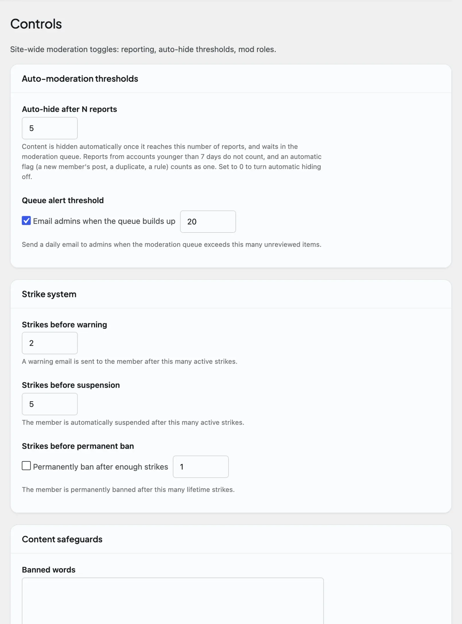 BuddyNext admin Moderation Controls tab for configuring automatic content safeguard rules