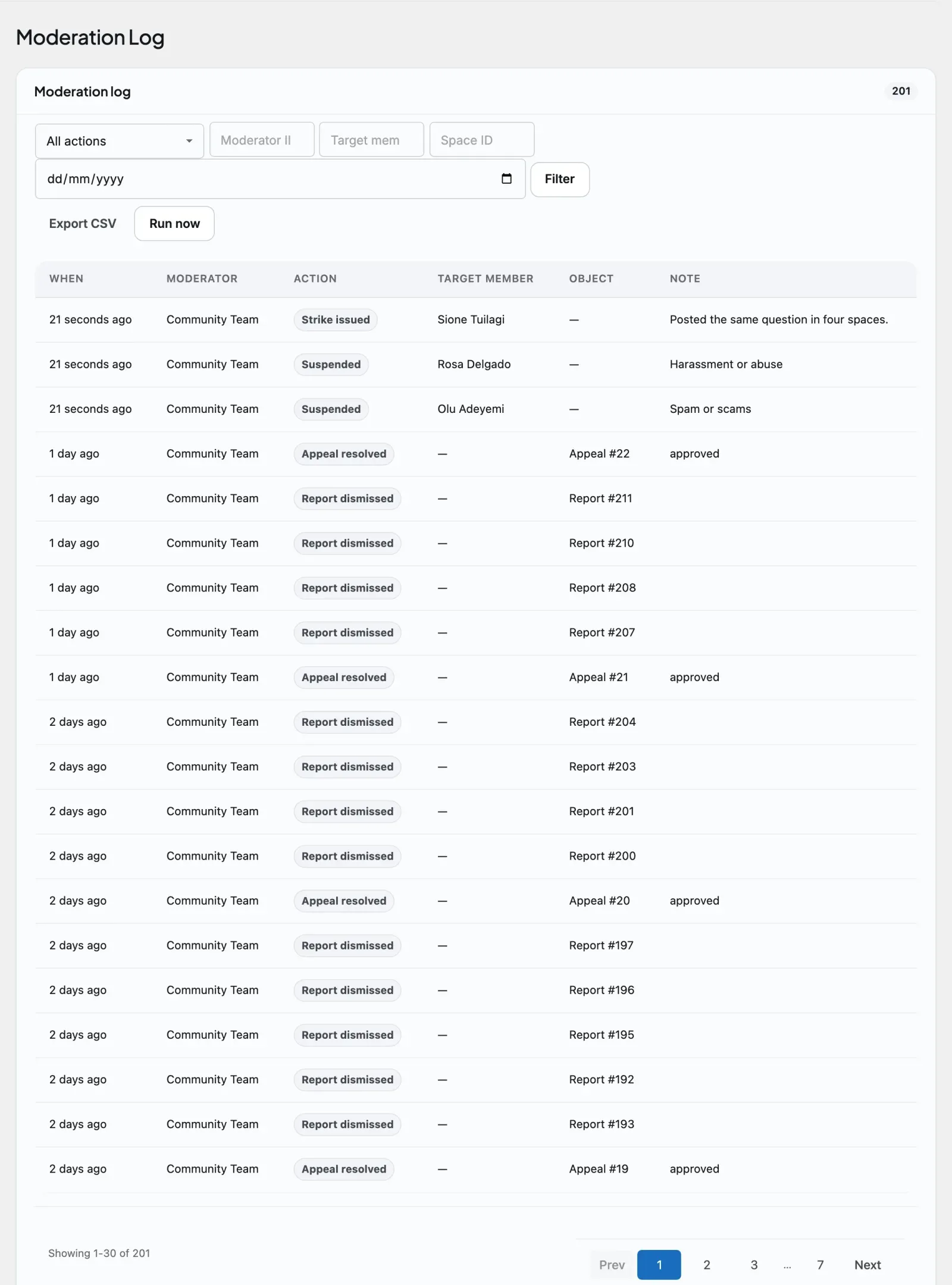 The Moderation Log with each action, the moderator, the target and any note