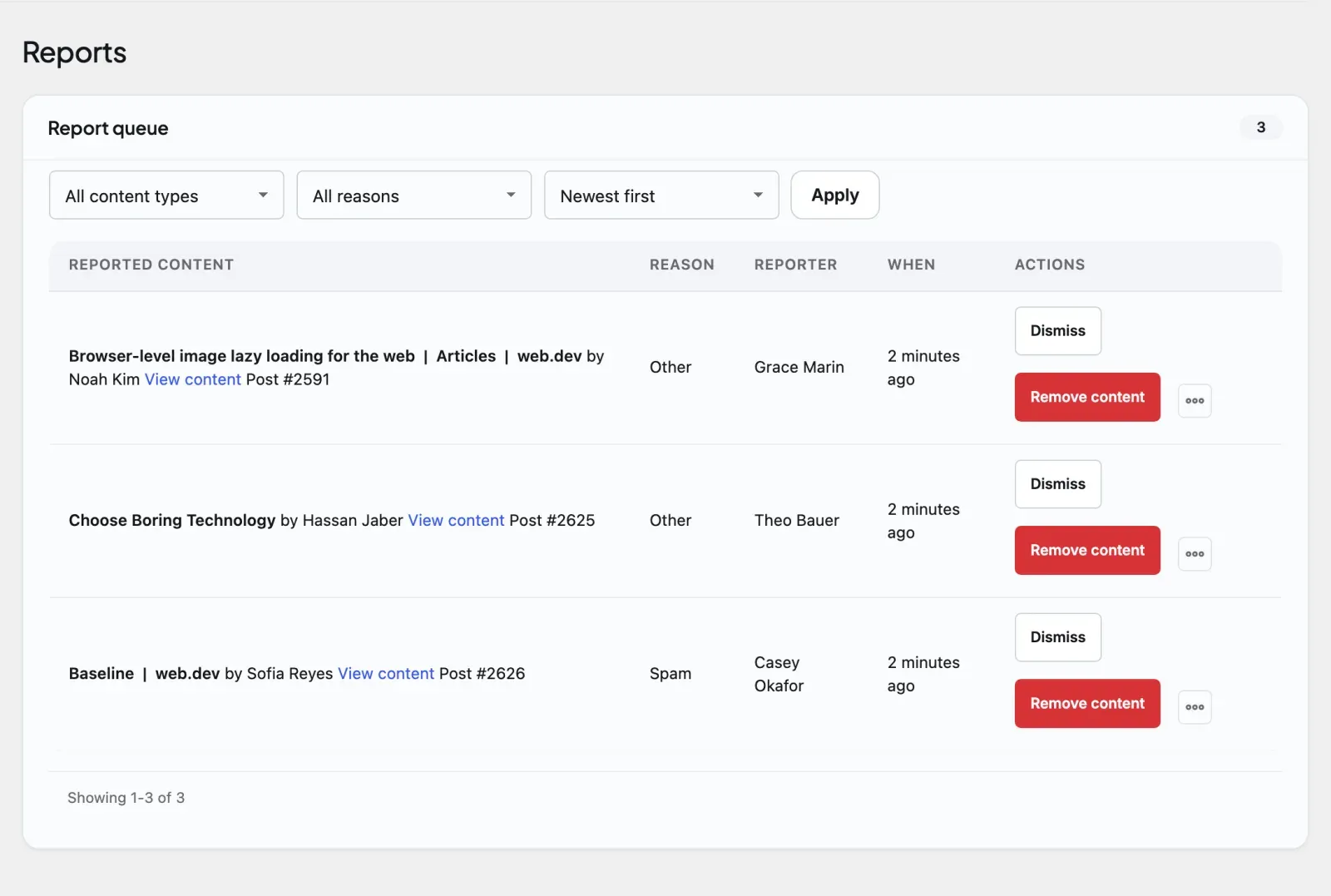 The Moderation > Reports admin tab where submitted reports land for review