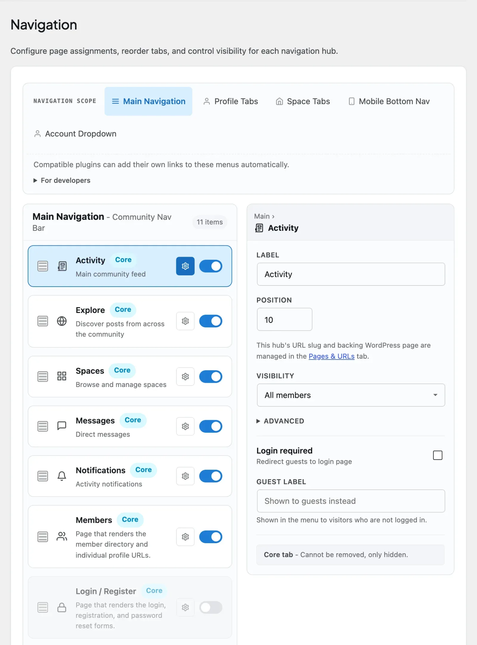 The Settings → Navigation tab for the front-end community menu