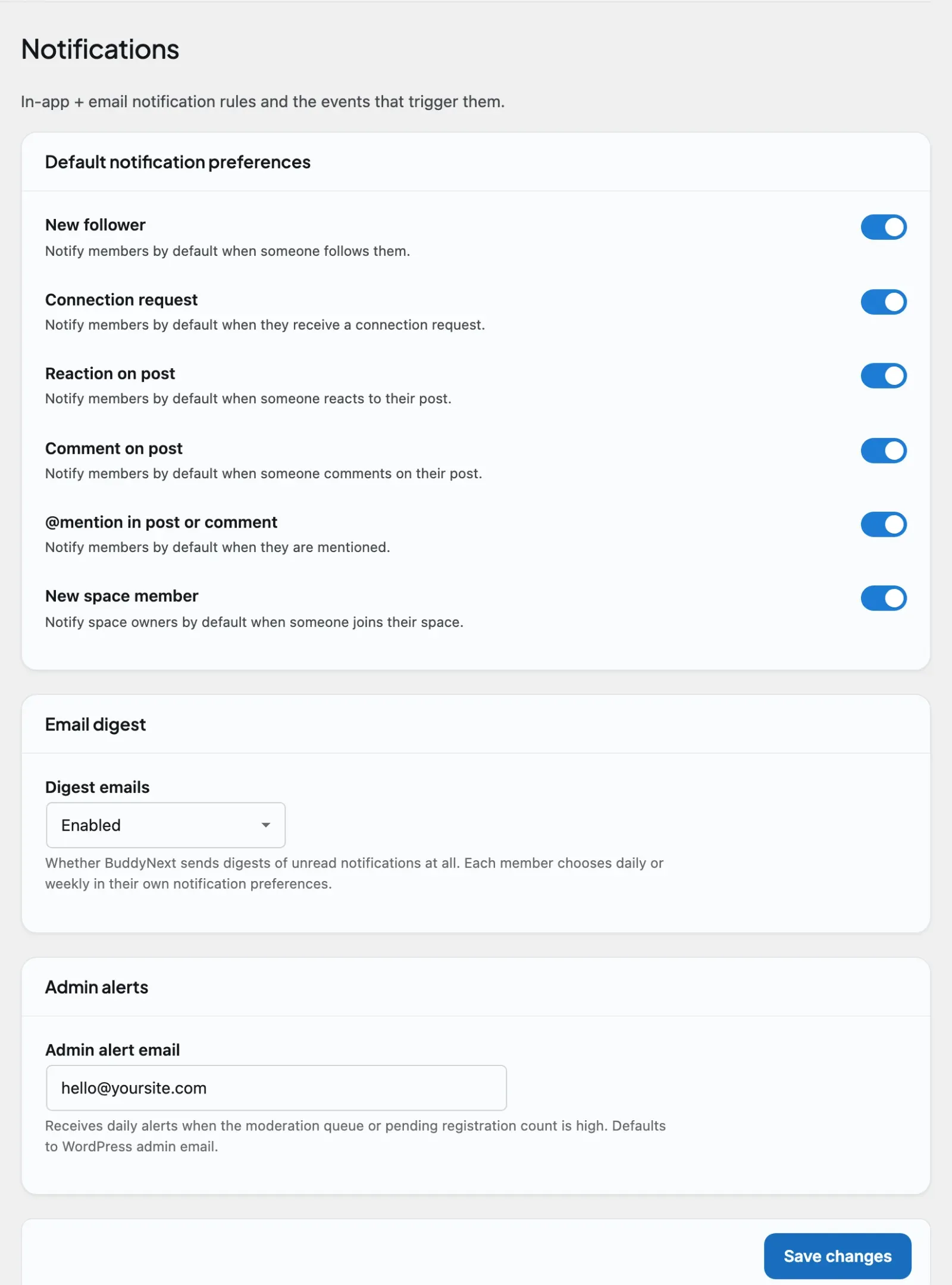 BuddyNext admin Notifications tab where owners set notification defaults