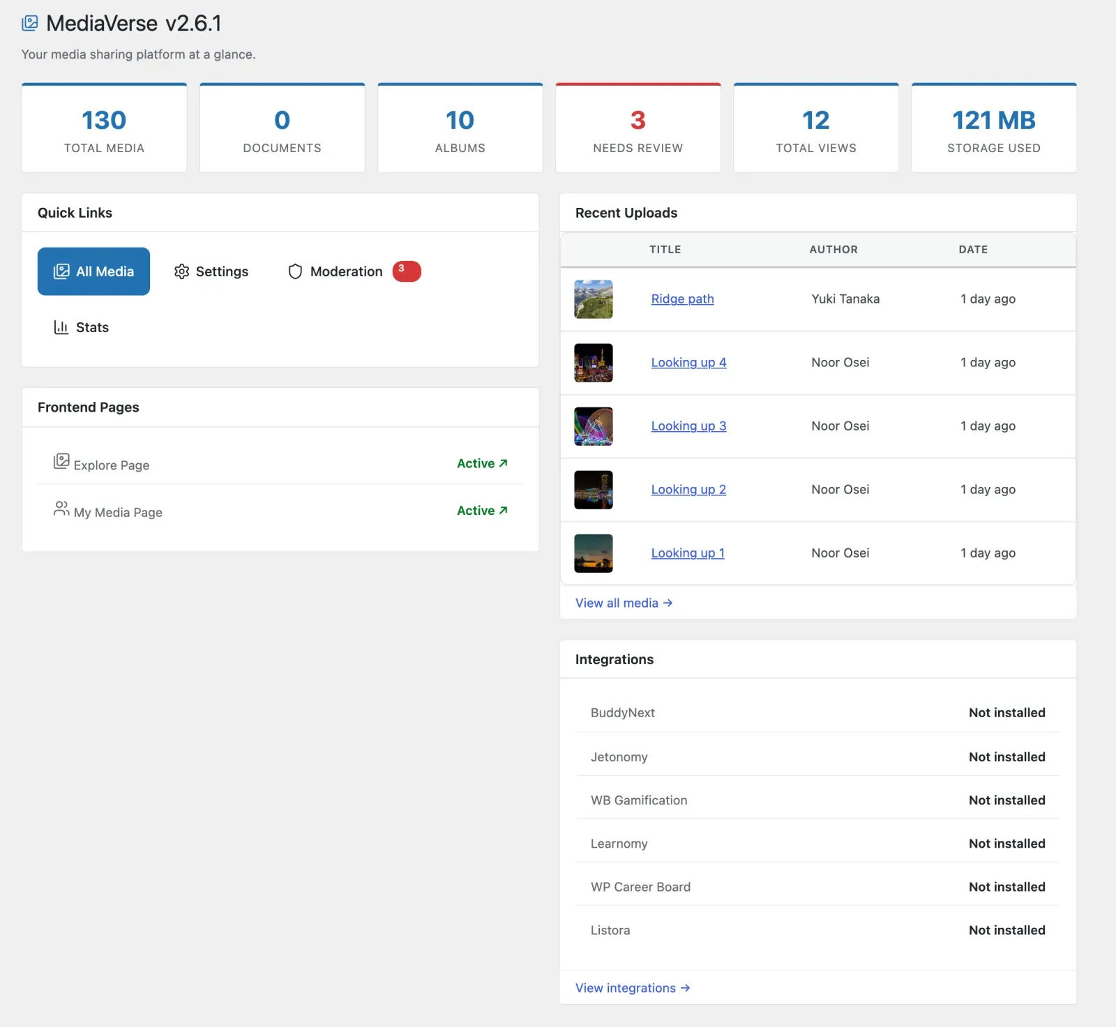 MediaVerse overview screen with media counts, quick links, recent uploads and connected integrations